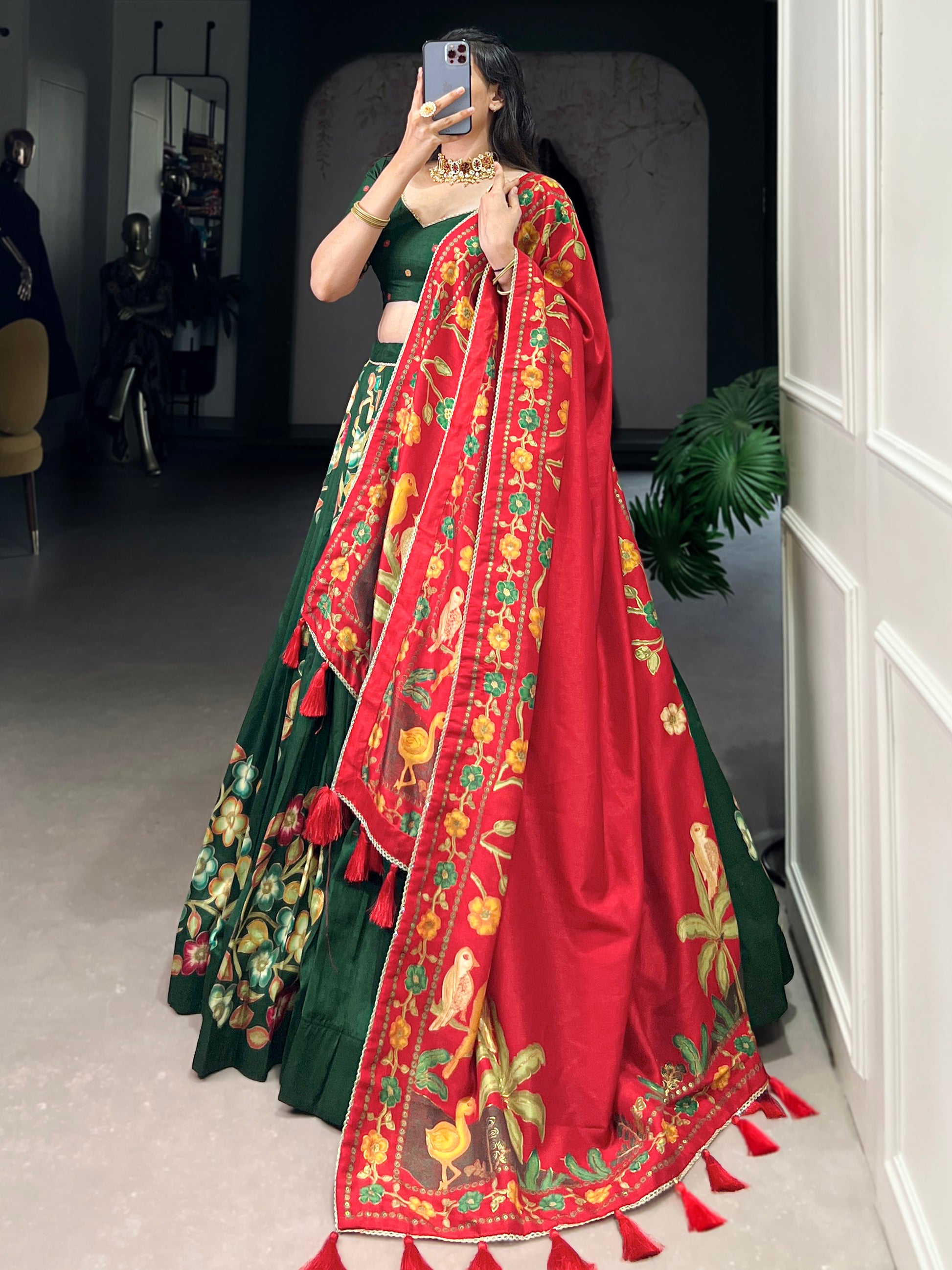 Dazzling Green Foil Work Tussar Silk Festival Wear Lehenga Choli