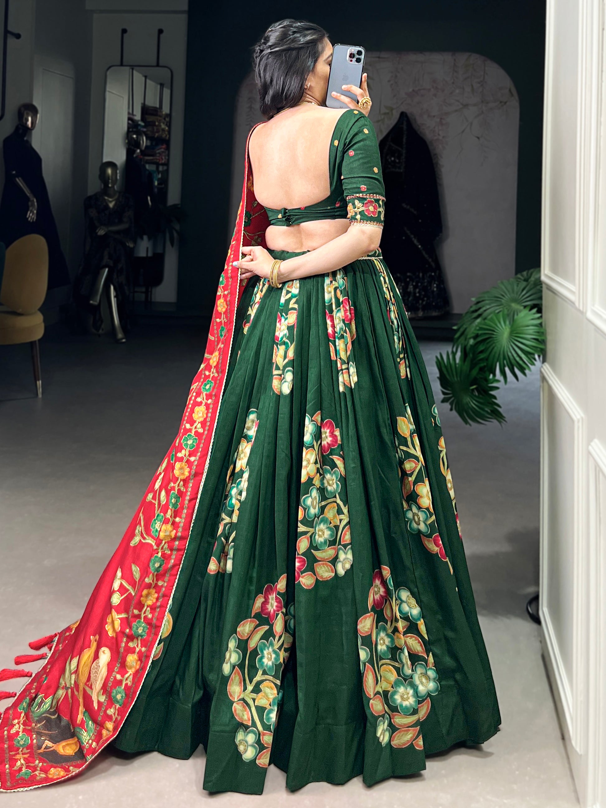 Dazzling Green Foil Work Tussar Silk Festival Wear Lehenga Choli