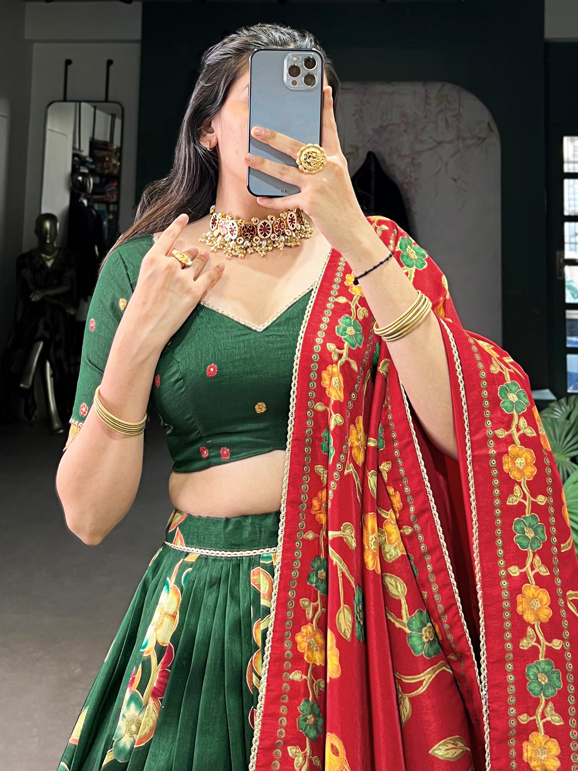 Dazzling Green Foil Work Tussar Silk Festival Wear Lehenga Choli