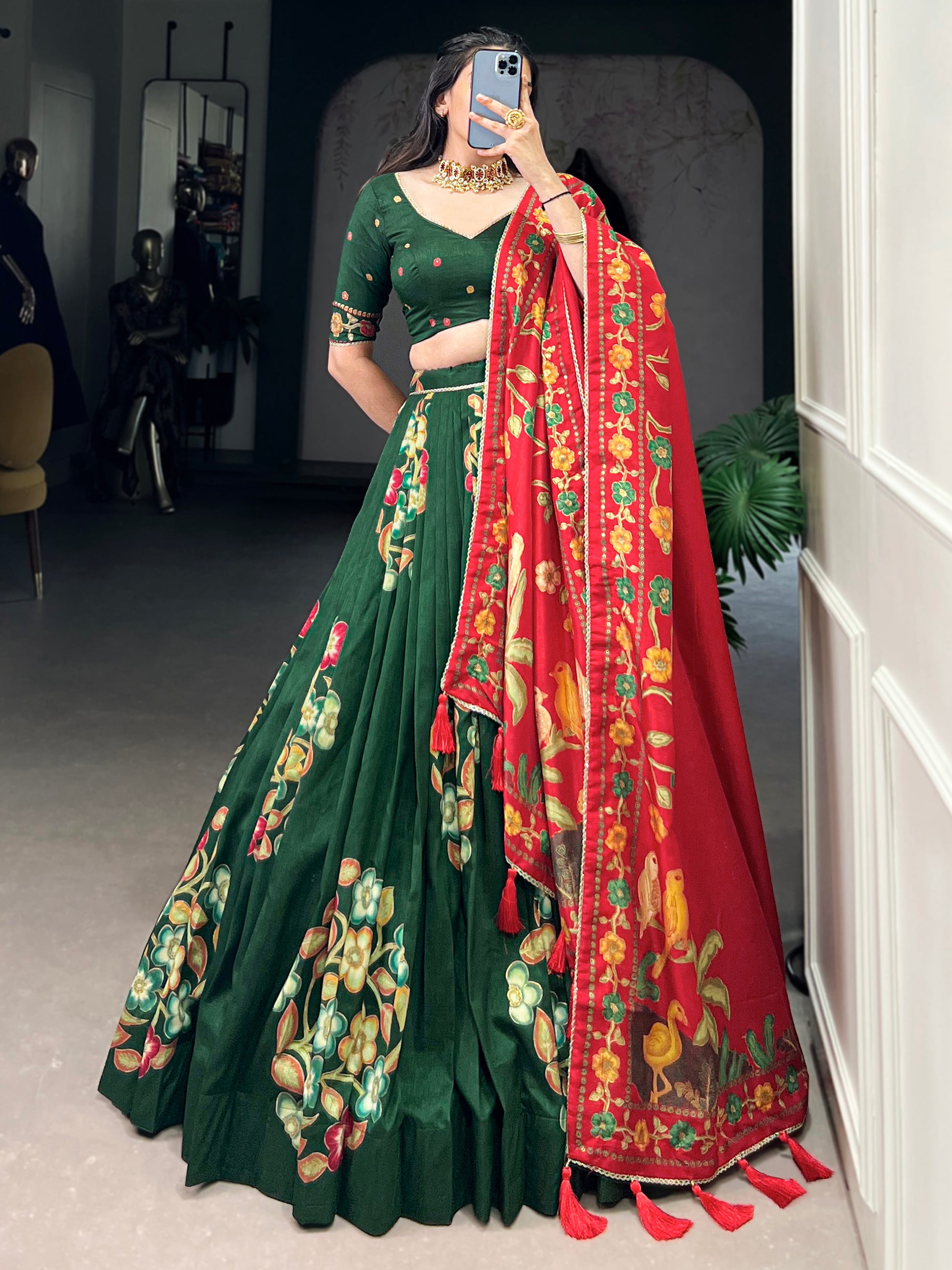 Dazzling Green Foil Work Tussar Silk Festival Wear Lehenga Choli