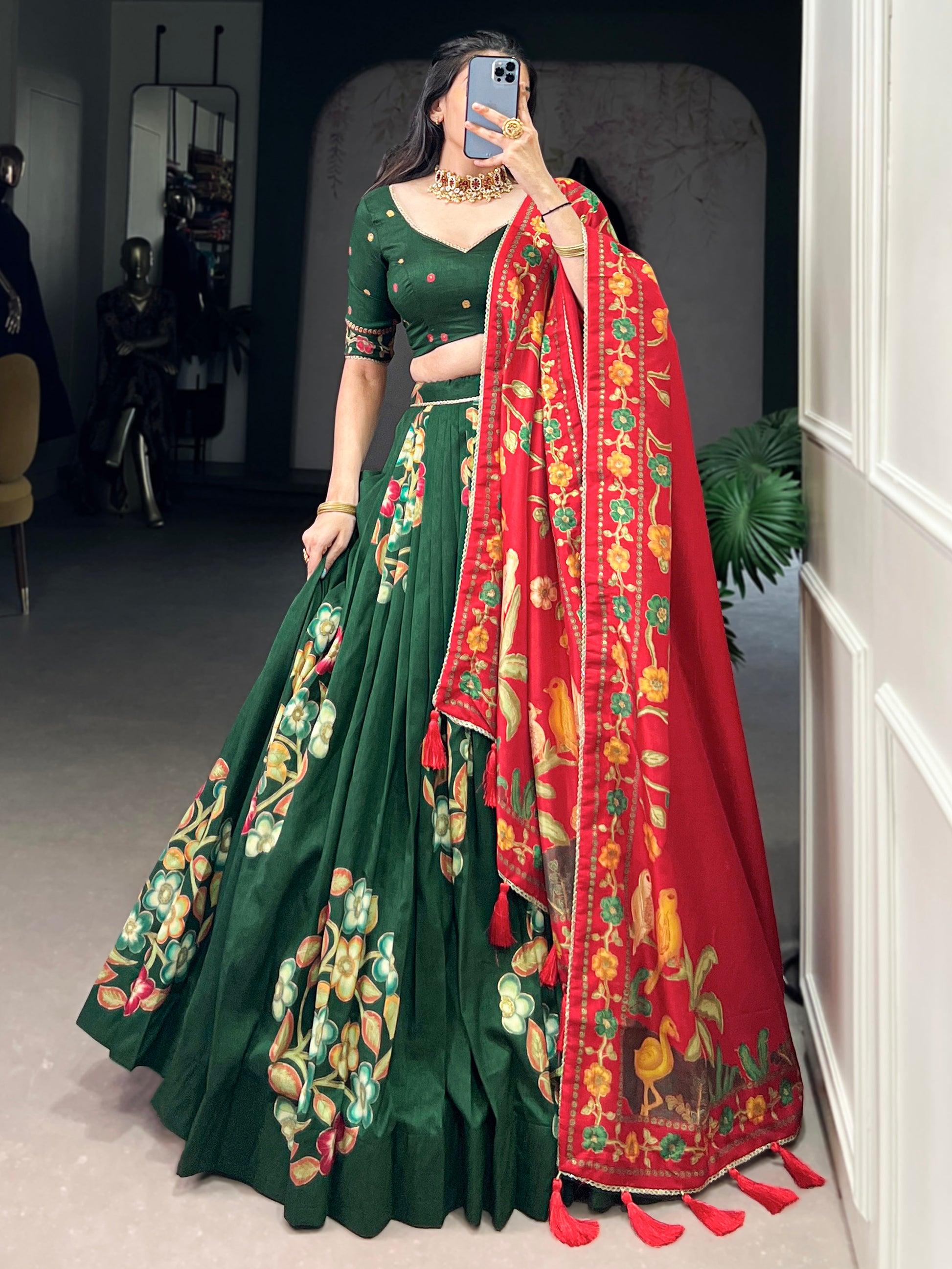 Dazzling Green Foil Work Tussar Silk Festival Wear Lehenga Choli