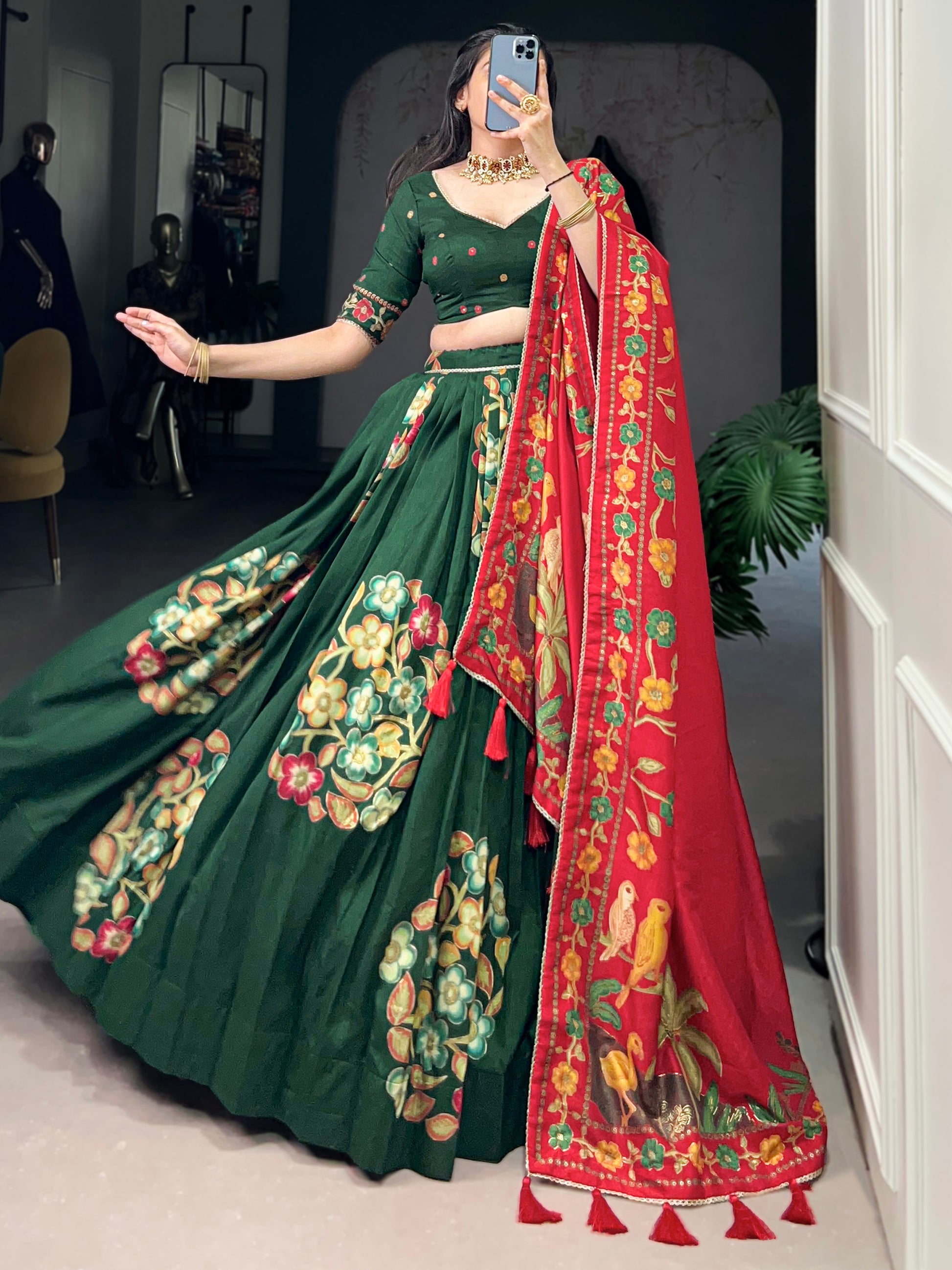Dazzling Green Foil Work Tussar Silk Festival Wear Lehenga Choli