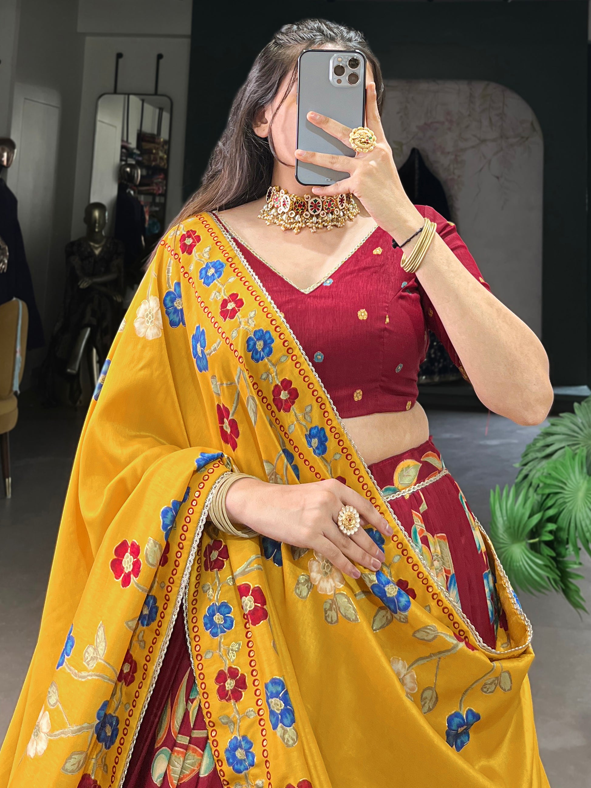 Spectacular Maroon Foil Work Tussar Silk Lehenga Choli With Dupatta