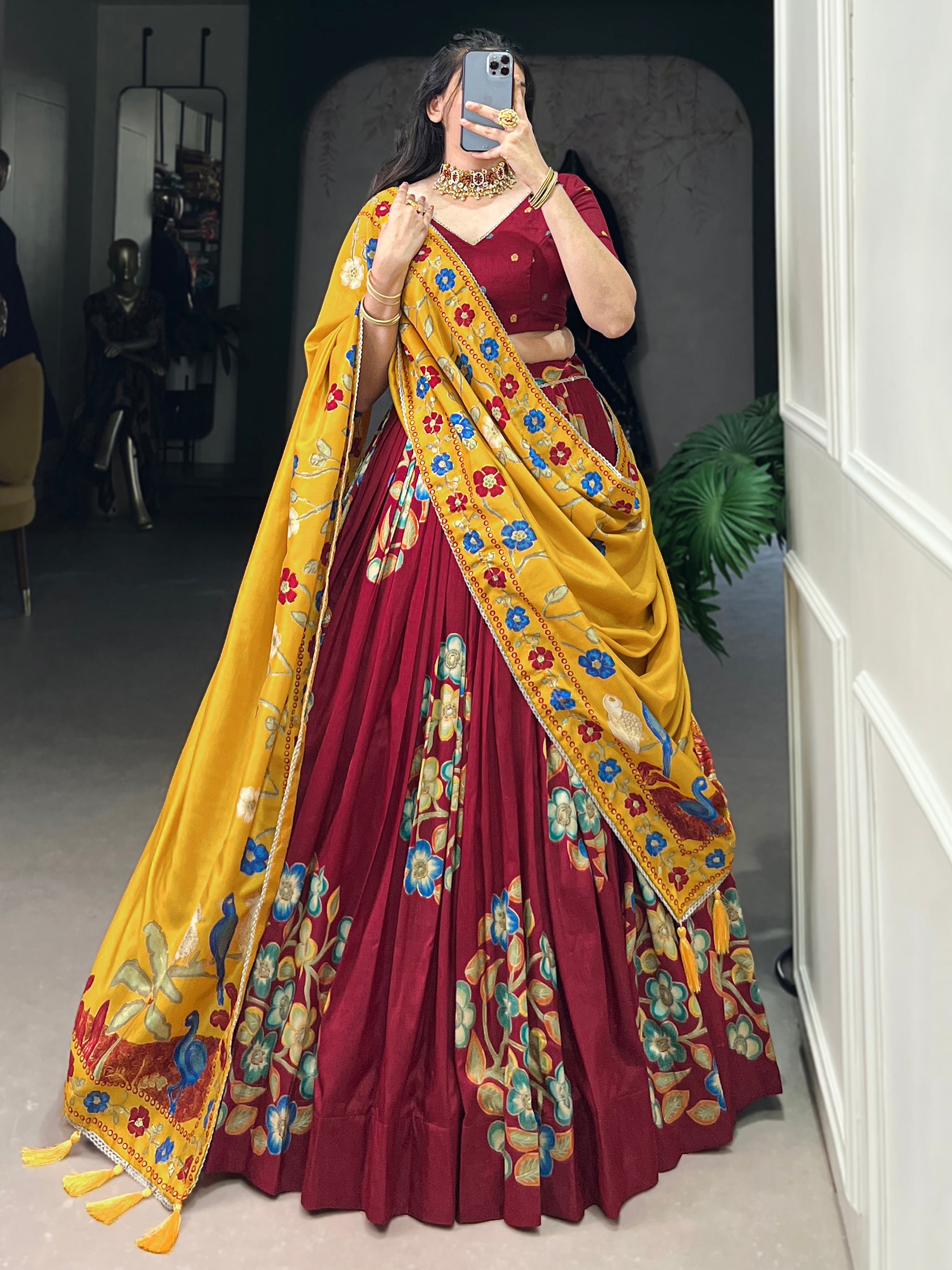 Spectacular Maroon Foil Work Tussar Silk Lehenga Choli With Dupatta