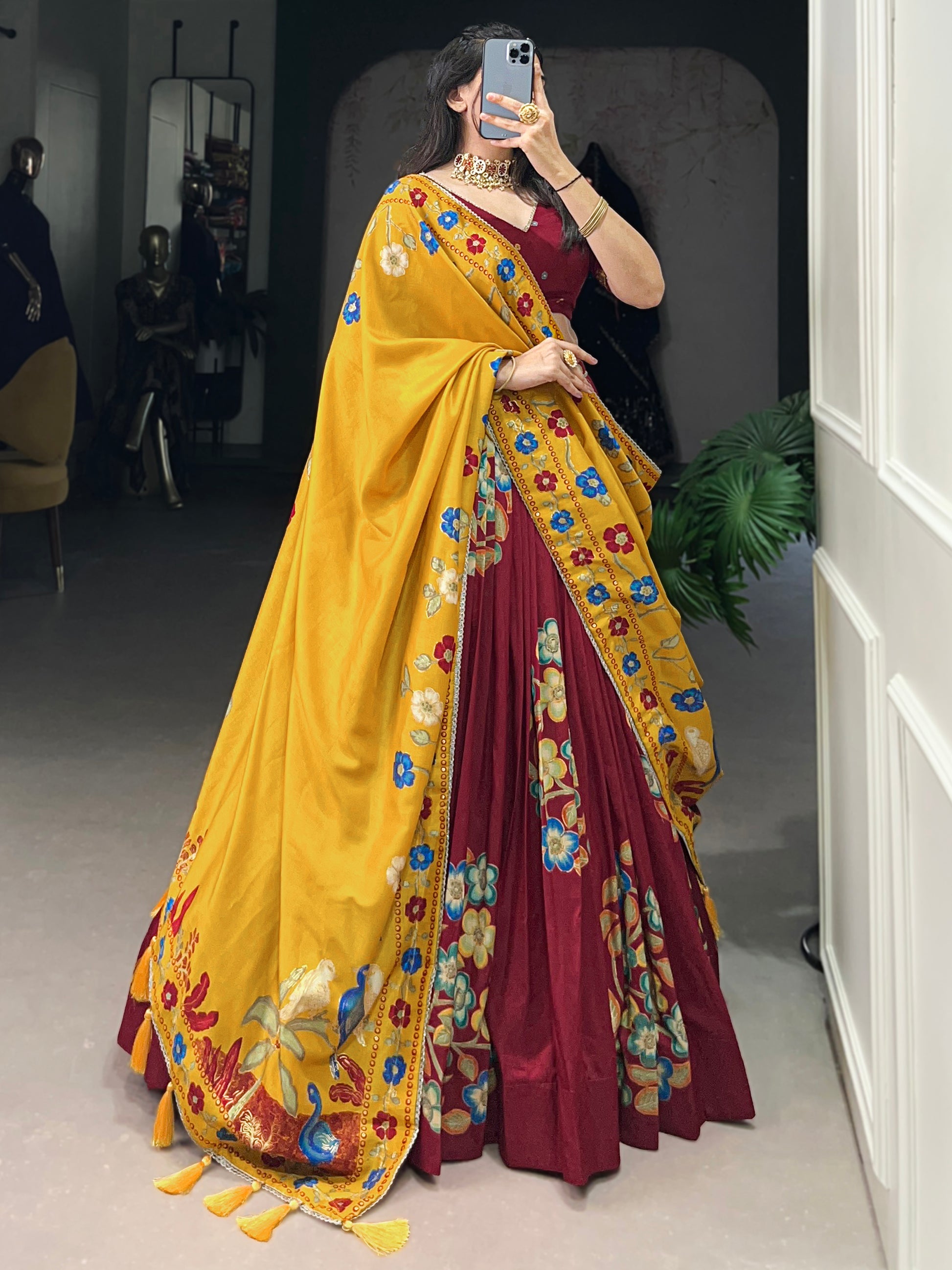 Spectacular Maroon Foil Work Tussar Silk Lehenga Choli With Dupatta