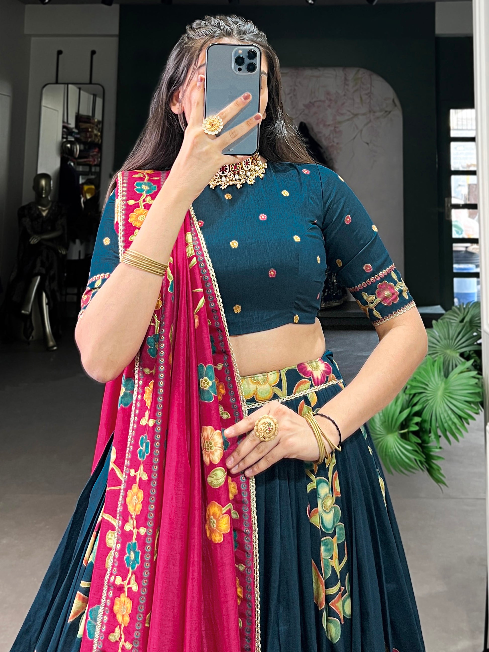 Dazzling Teal Blue Foil Work Tussar Silk Lehenga Choli With Dupatta