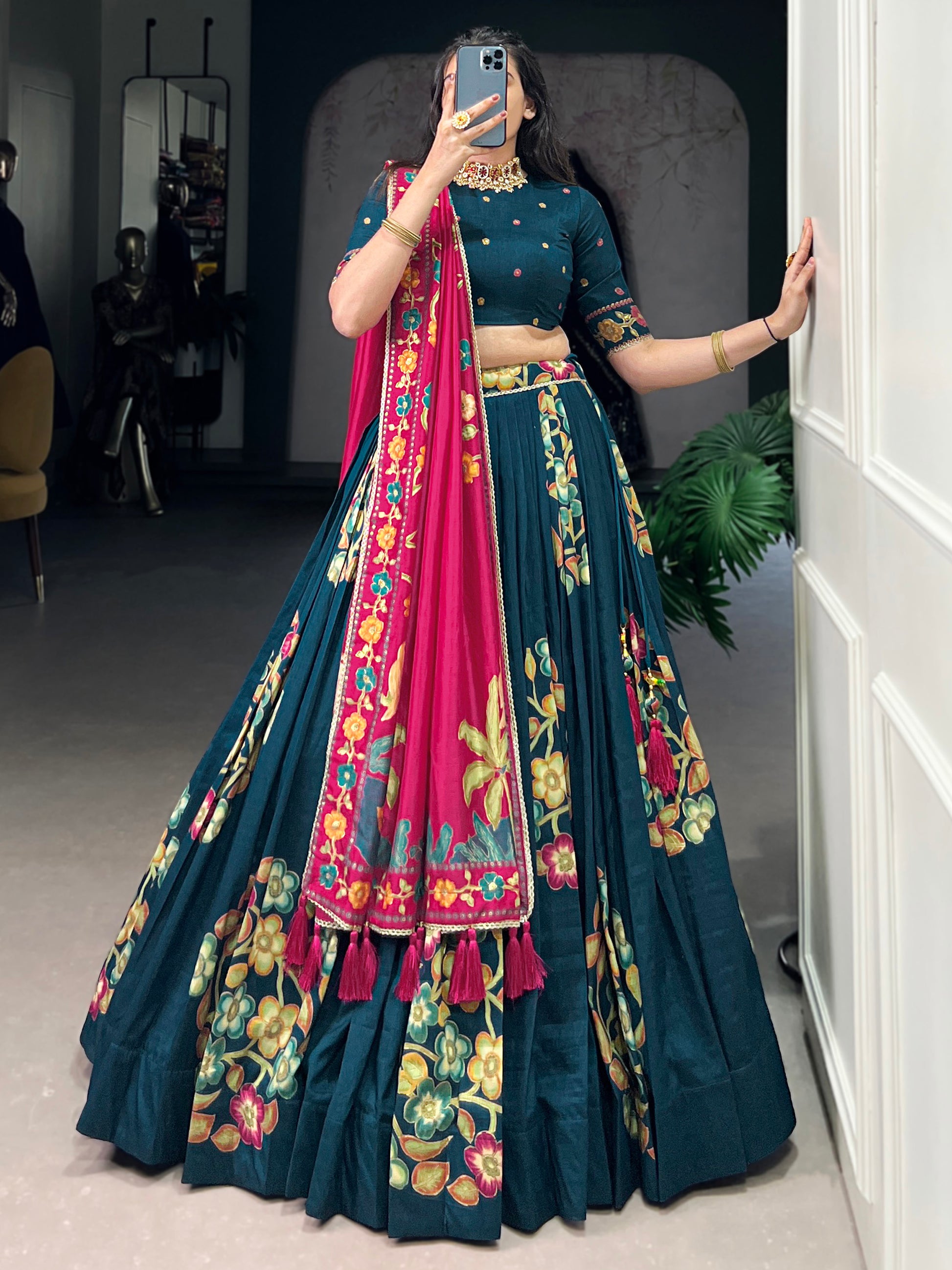 Dazzling Teal Blue Foil Work Tussar Silk Lehenga Choli With Dupatta