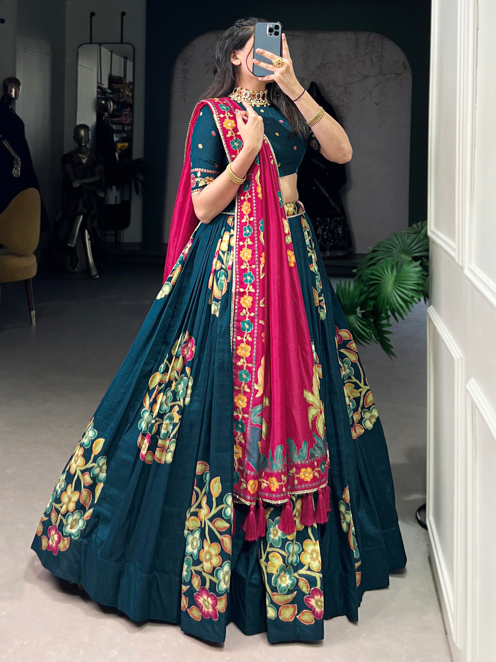 Dazzling Teal Blue Foil Work Tussar Silk Lehenga Choli With Dupatta