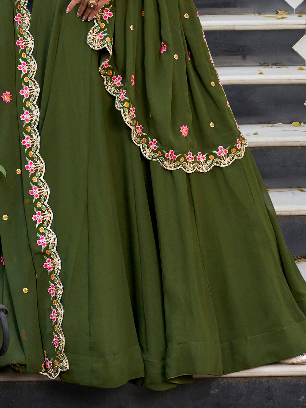 Beautiful Green Thread Work Georgette Mehendi Wear Lehenga Choli