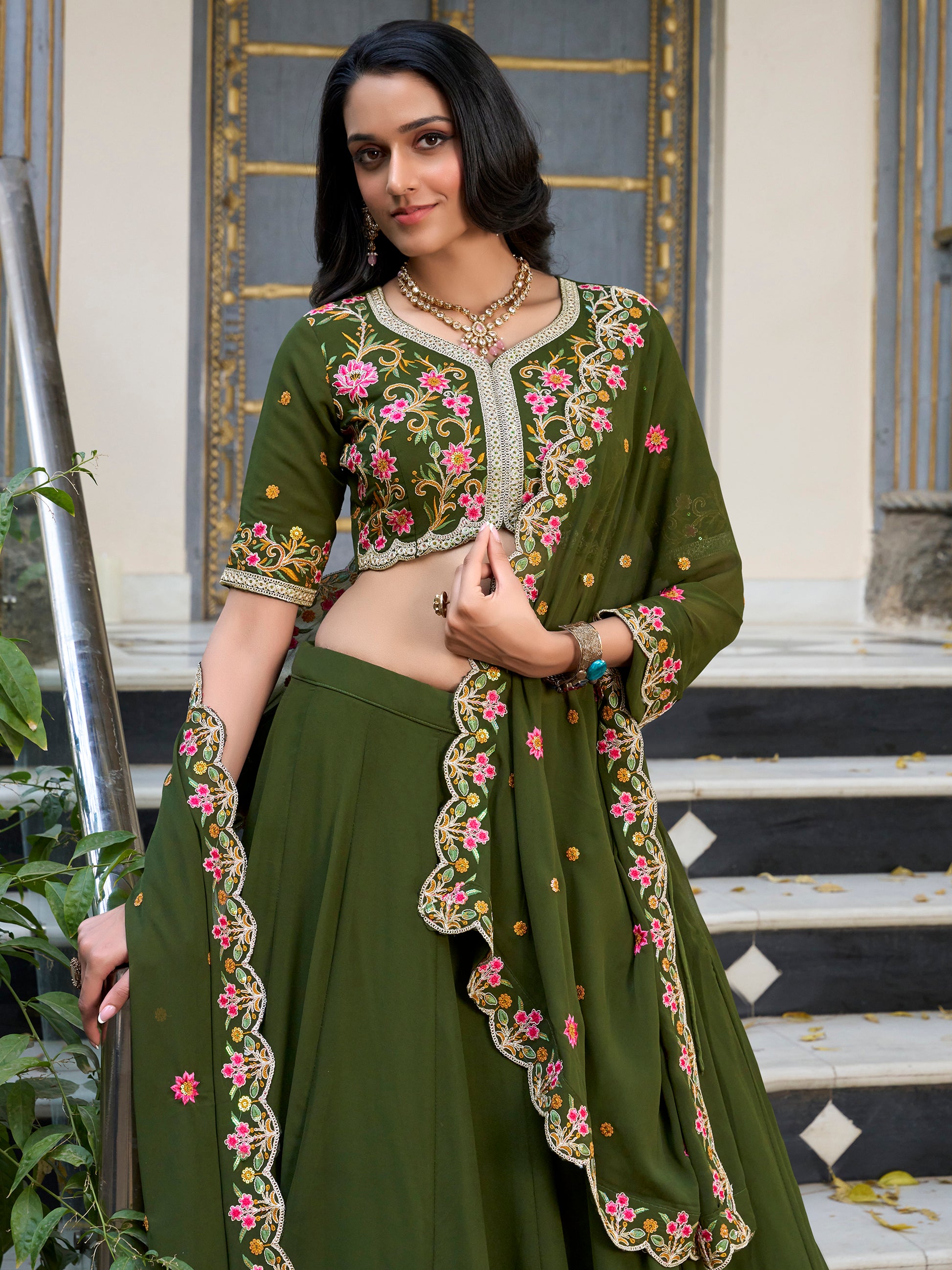 Beautiful Green Thread Work Georgette Mehendi Wear Lehenga Choli