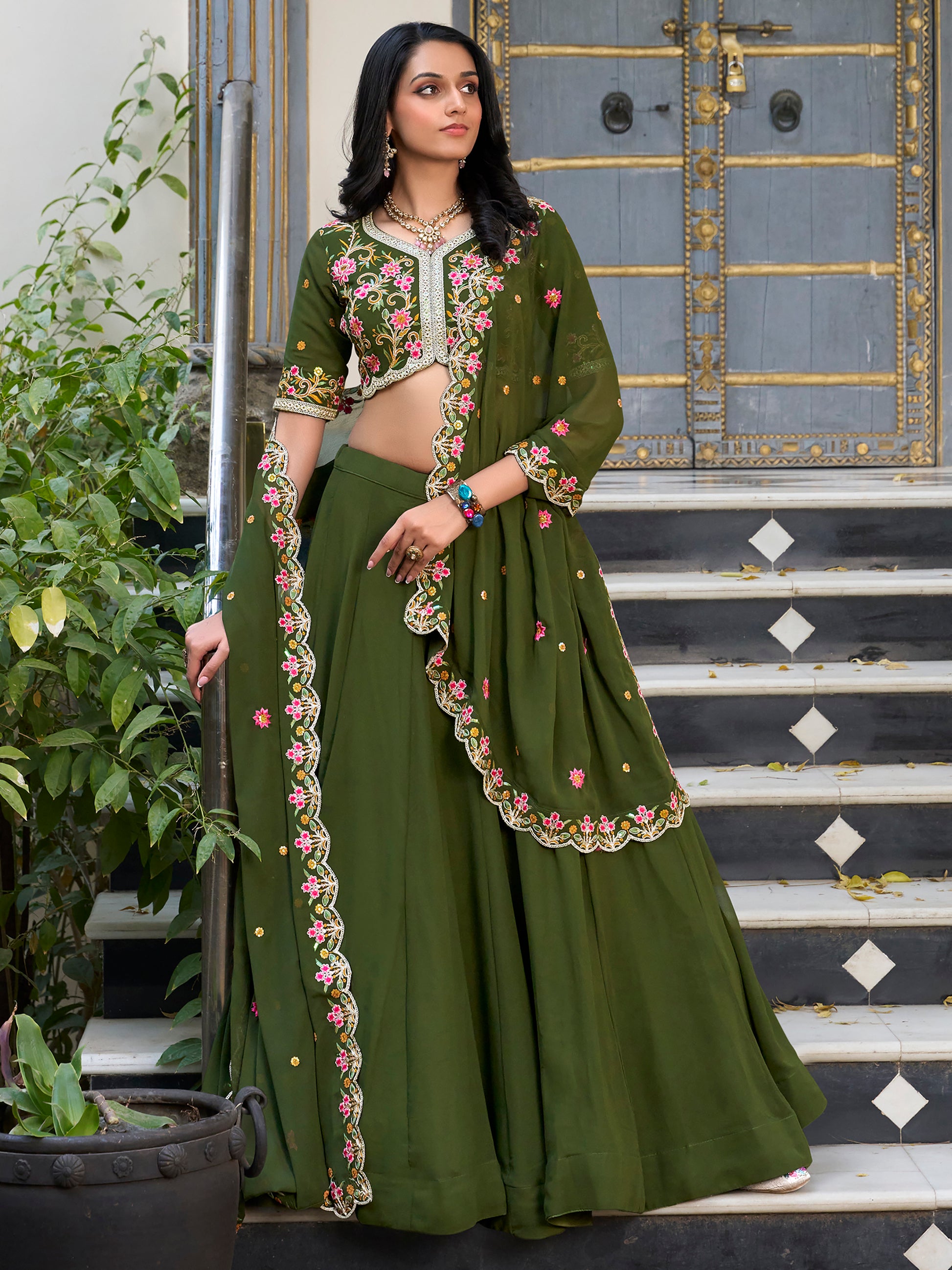 Beautiful Green Thread Work Georgette Mehendi Wear Lehenga Choli