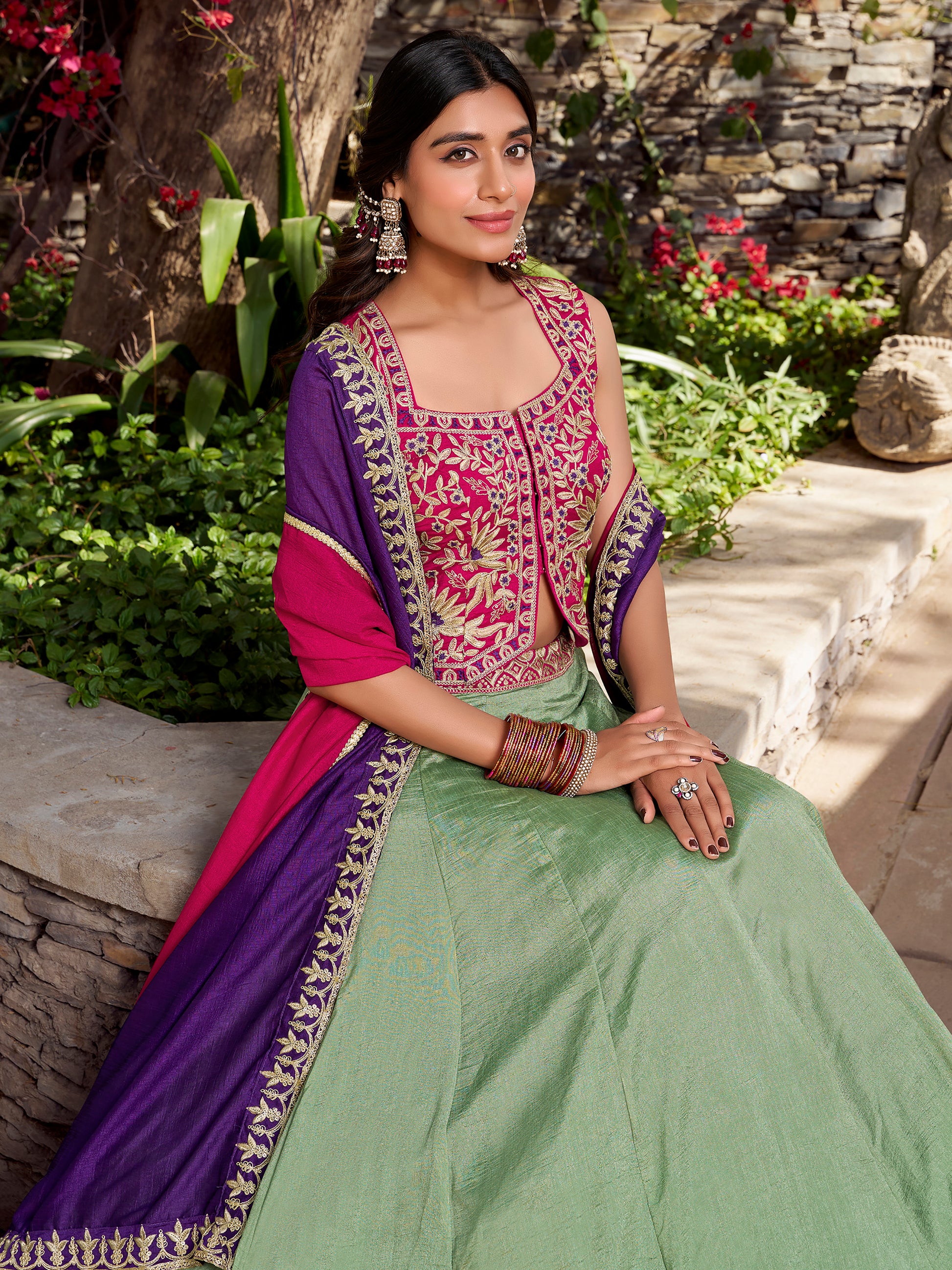 Precious Green Silk Lehenga With Thread Embroidered Choli