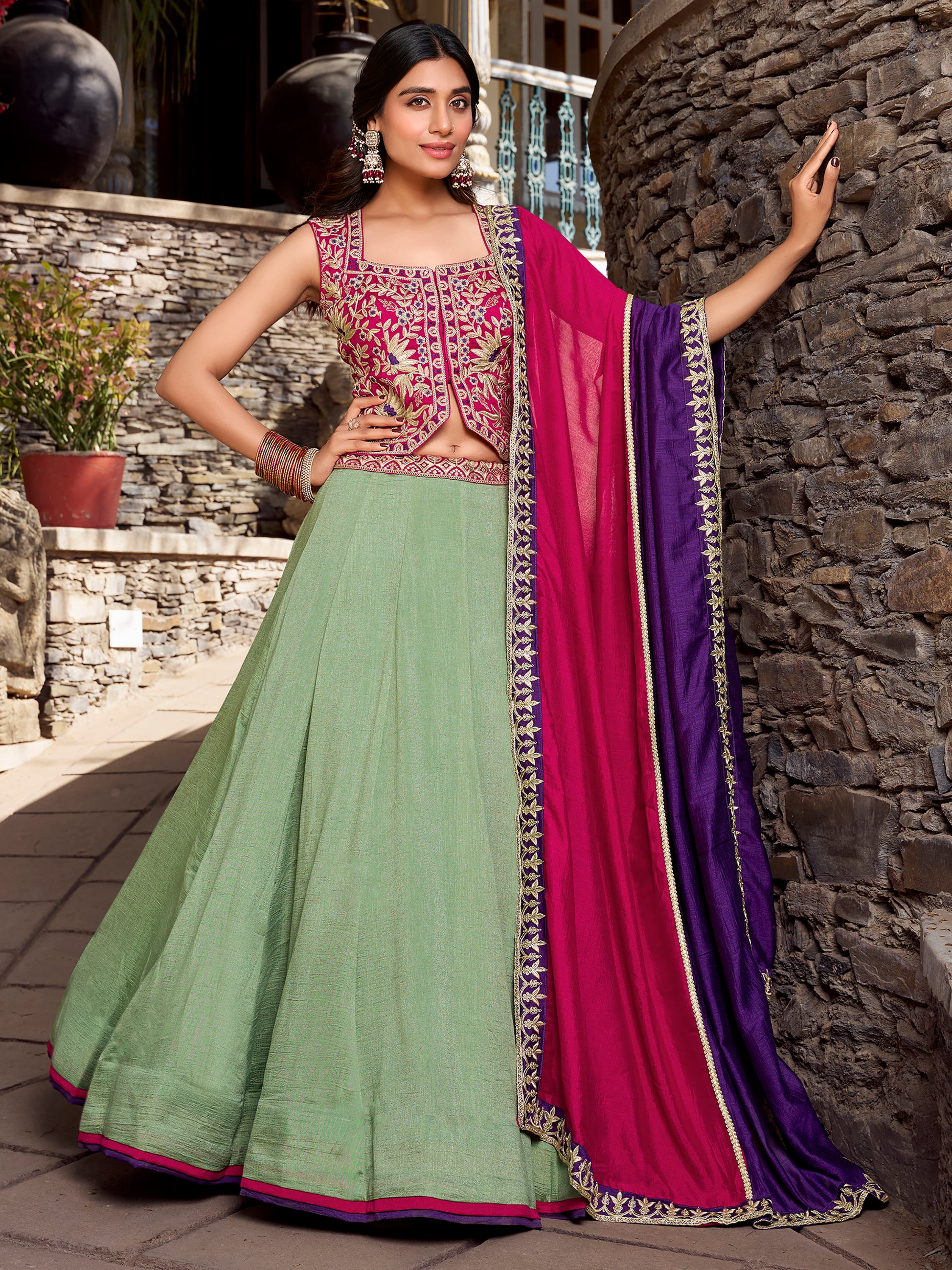 Precious Green Silk Lehenga With Thread Embroidered Choli