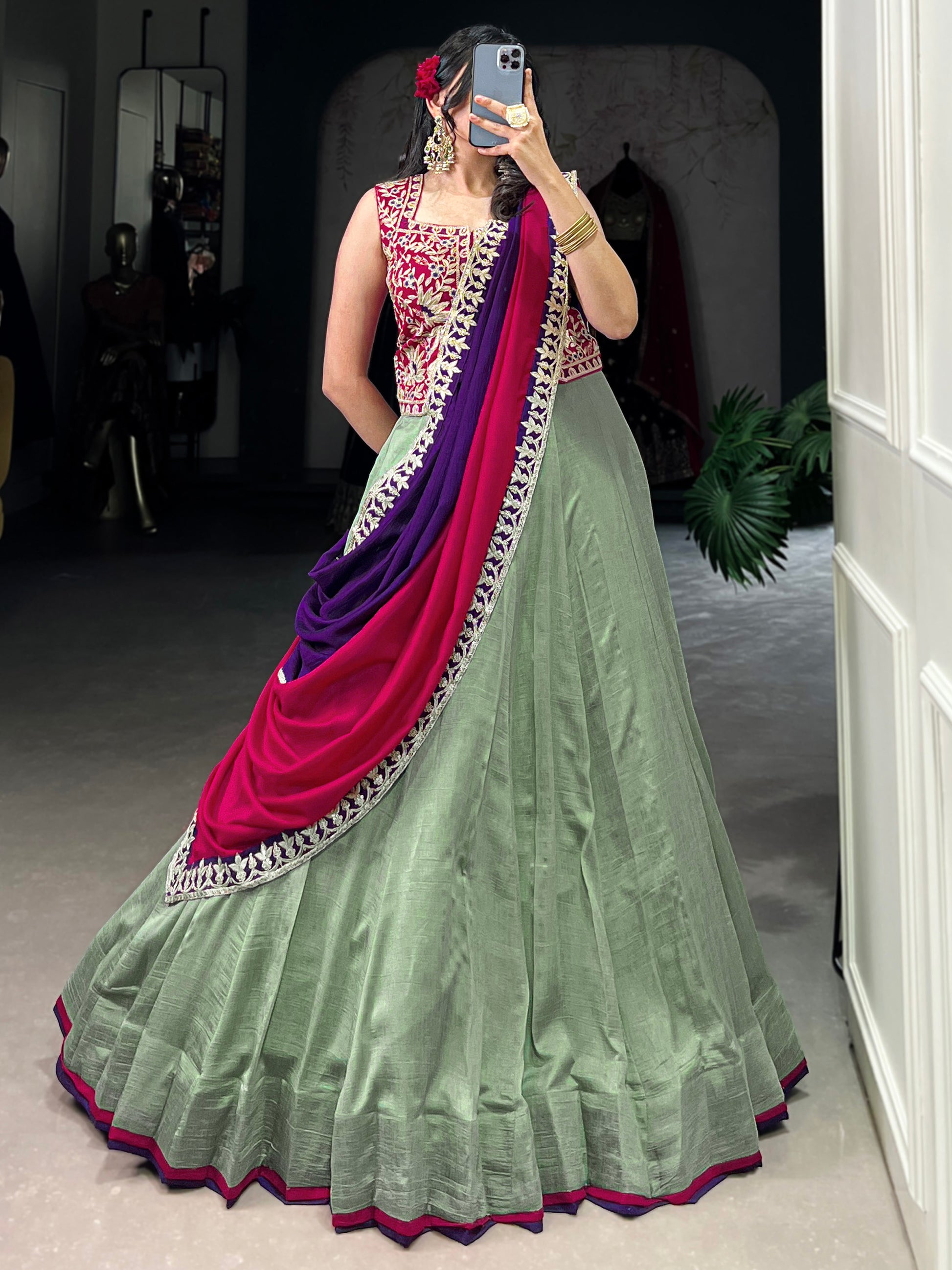 Glamorous Pista Green Sequins Work Silk Festive Wear Lehenga Choli With Dupatta