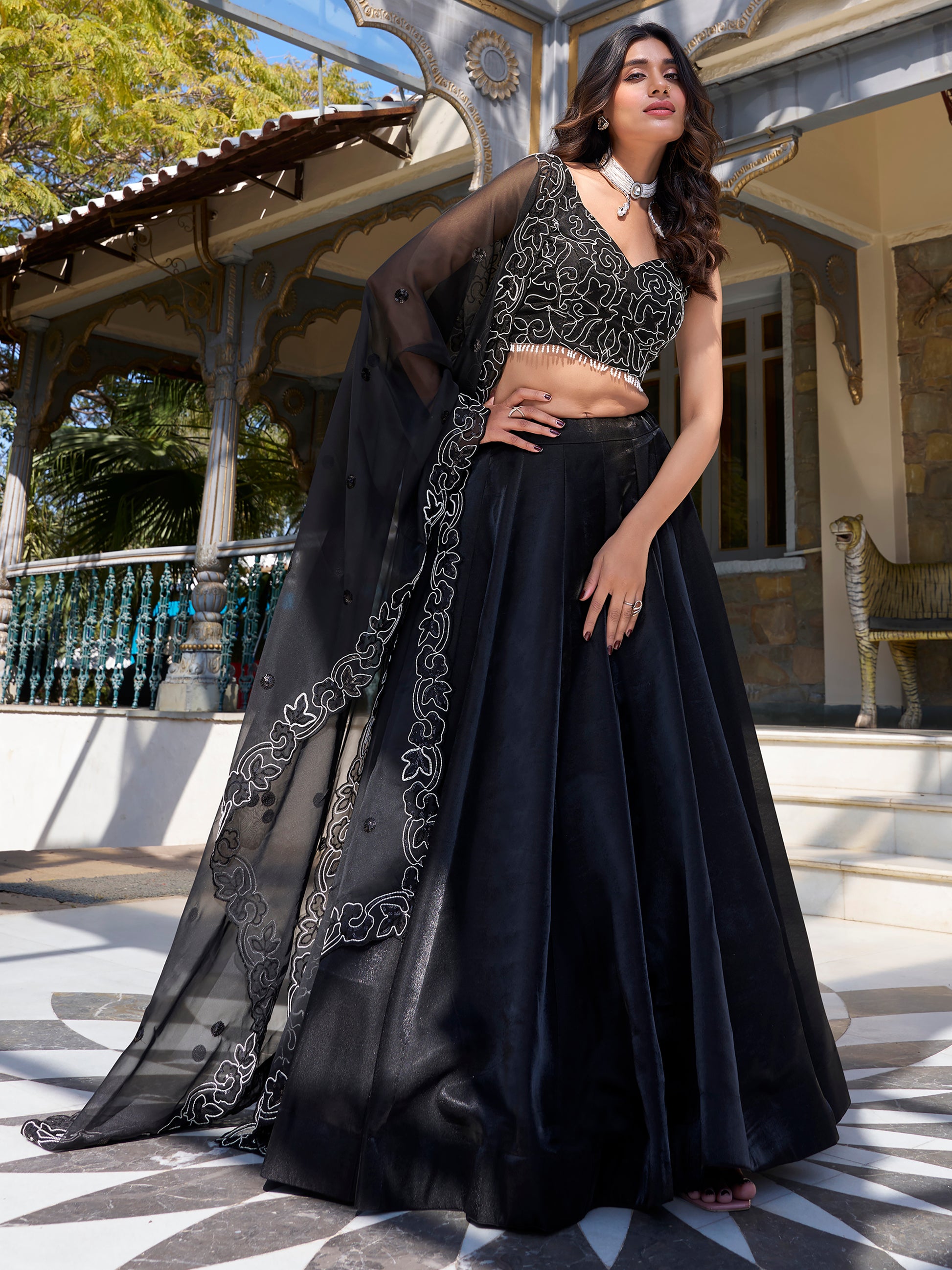 Stunning Black Sequins Work Satin Silk Party Wear Lehenga Choli