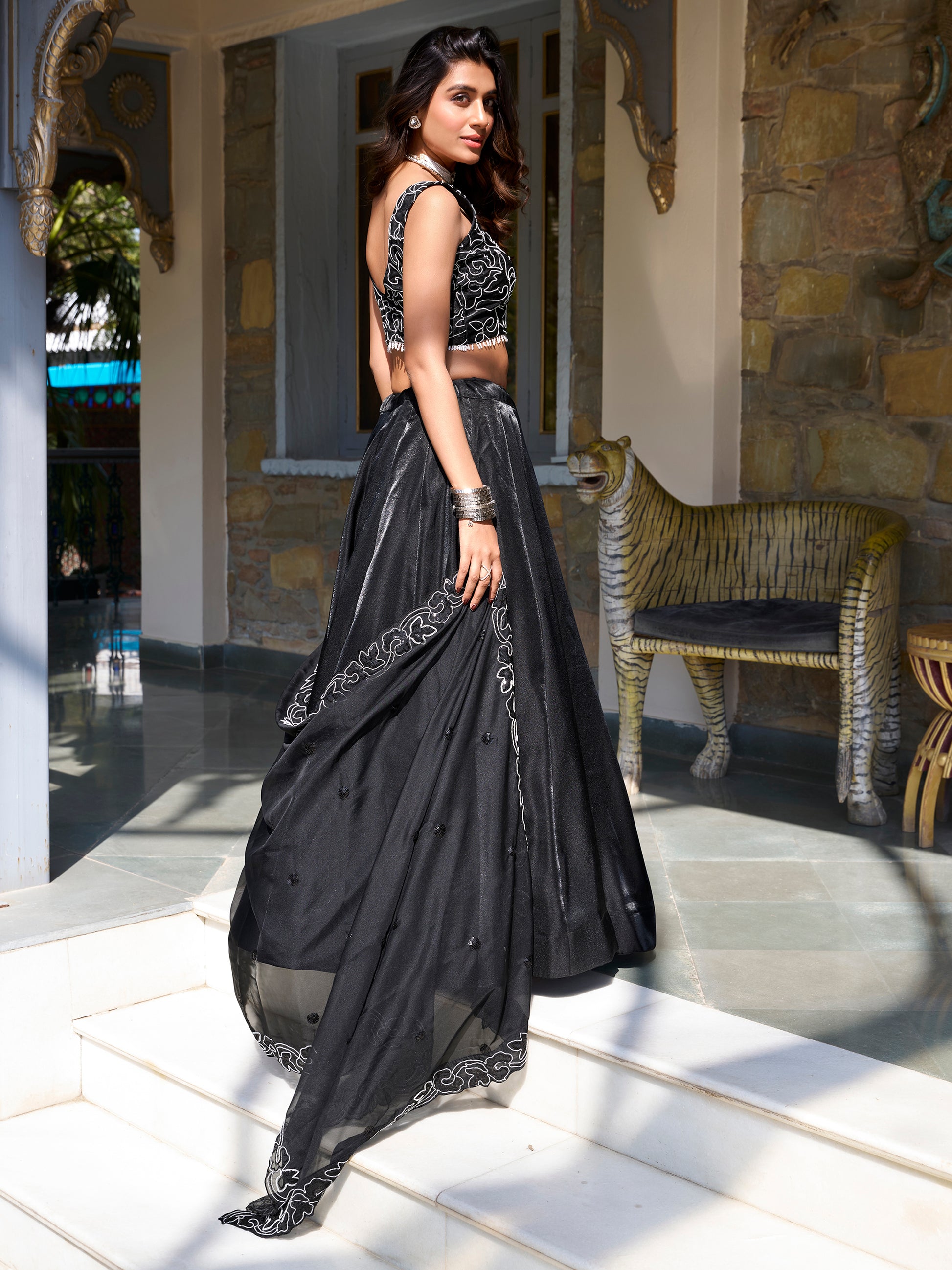Stunning Black Sequins Work Satin Silk Party Wear Lehenga Choli