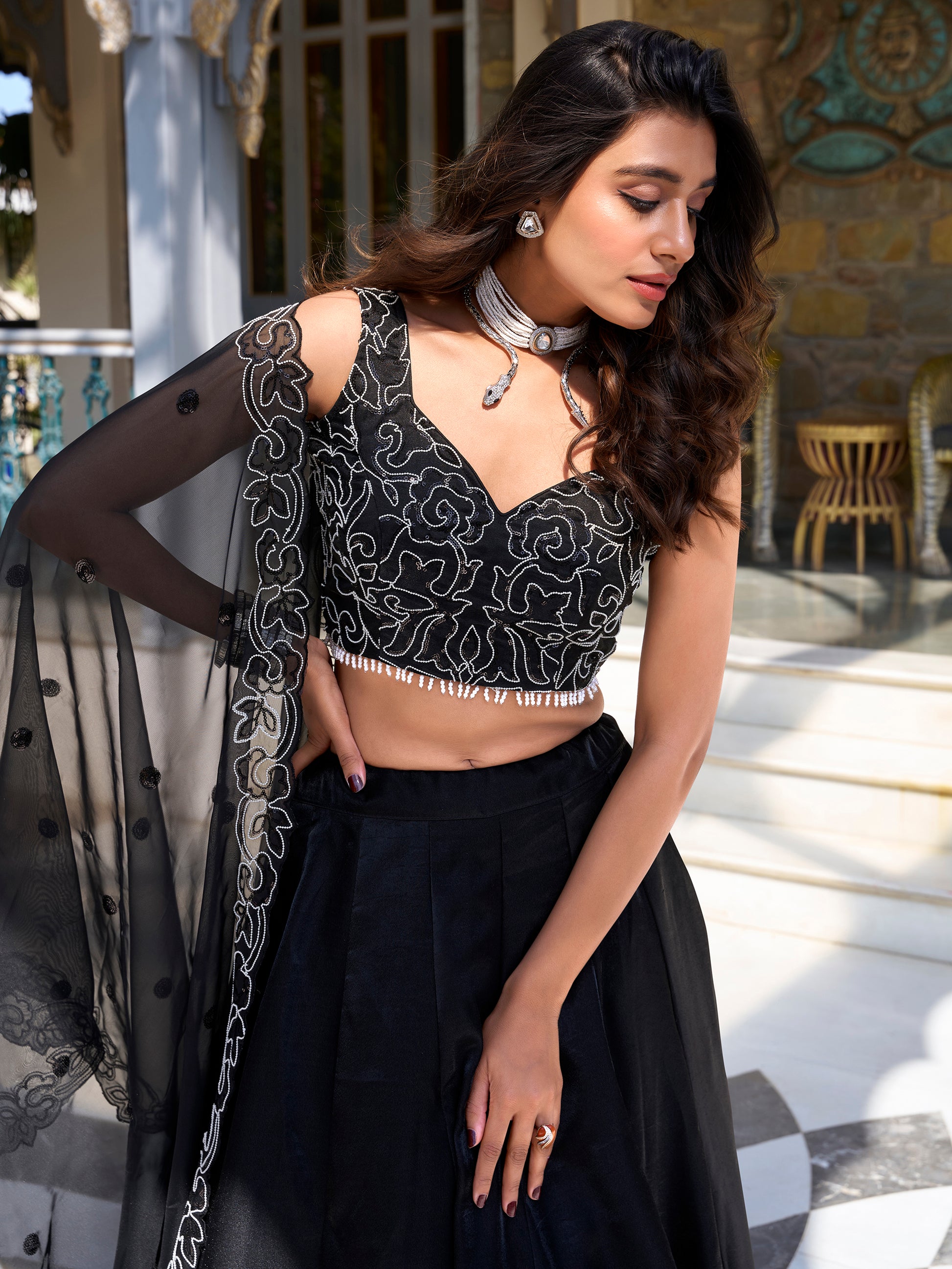 Stunning Black Sequins Work Satin Silk Party Wear Lehenga Choli