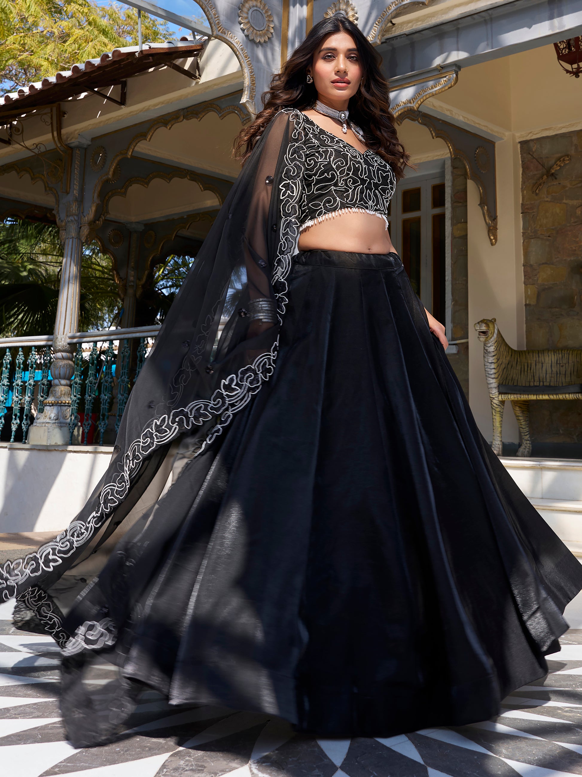 Stunning Black Sequins Work Satin Silk Party Wear Lehenga Choli