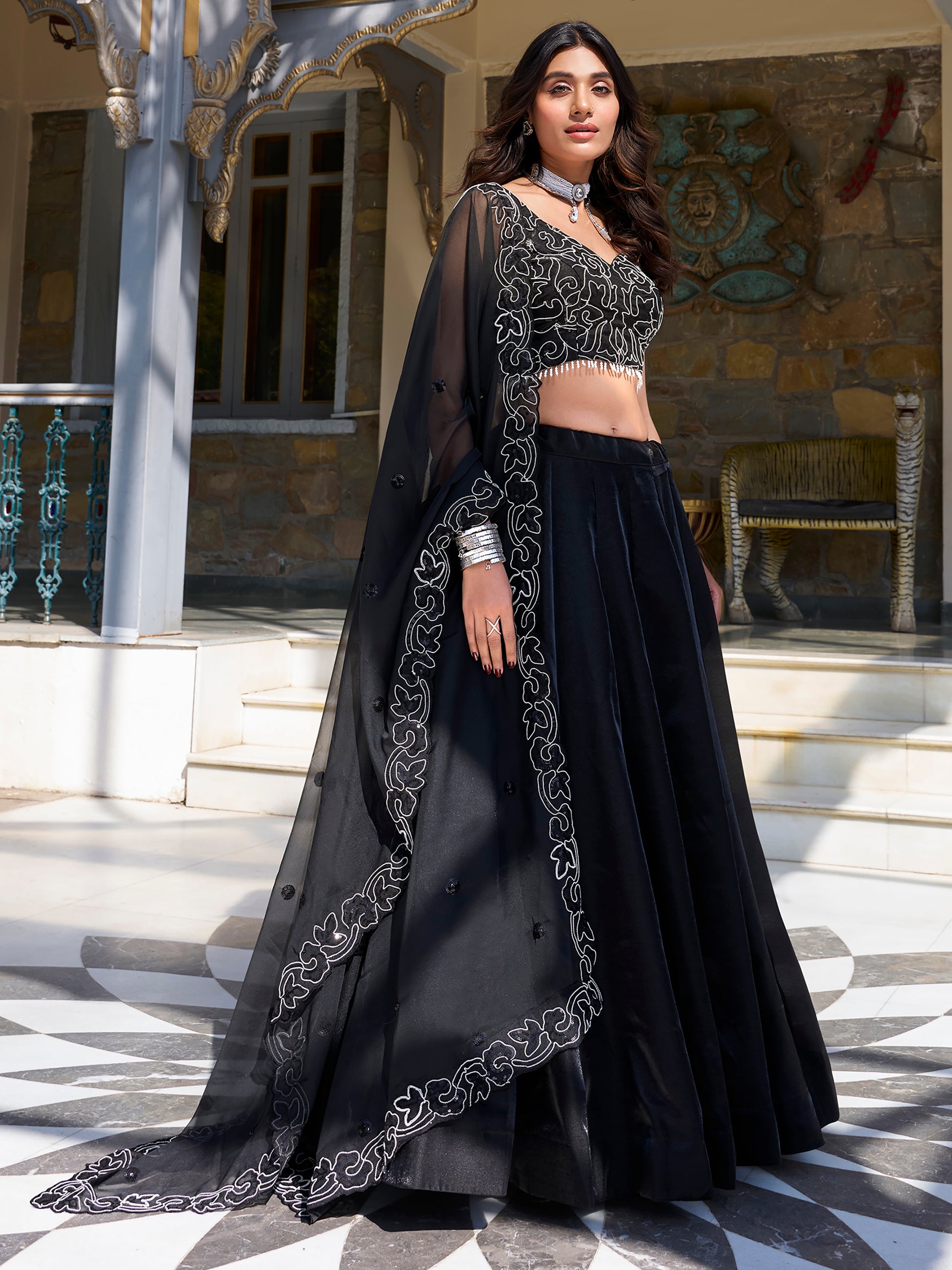 Stunning Black Sequins Work Satin Silk Party Wear Lehenga Choli