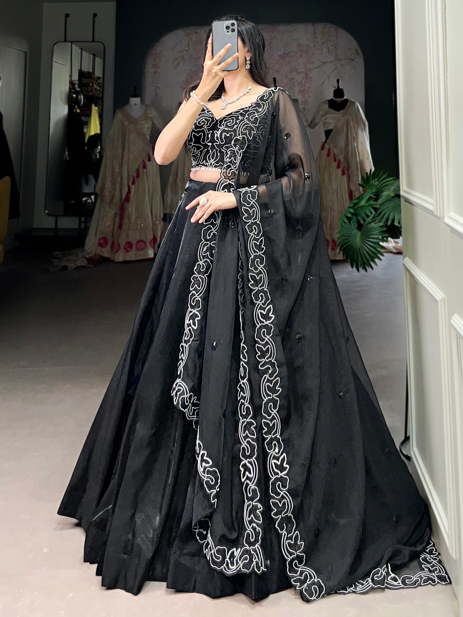 Gorgeous Black Sequins Satin Silk Party Wear Lehenga Choli With Dupatta
