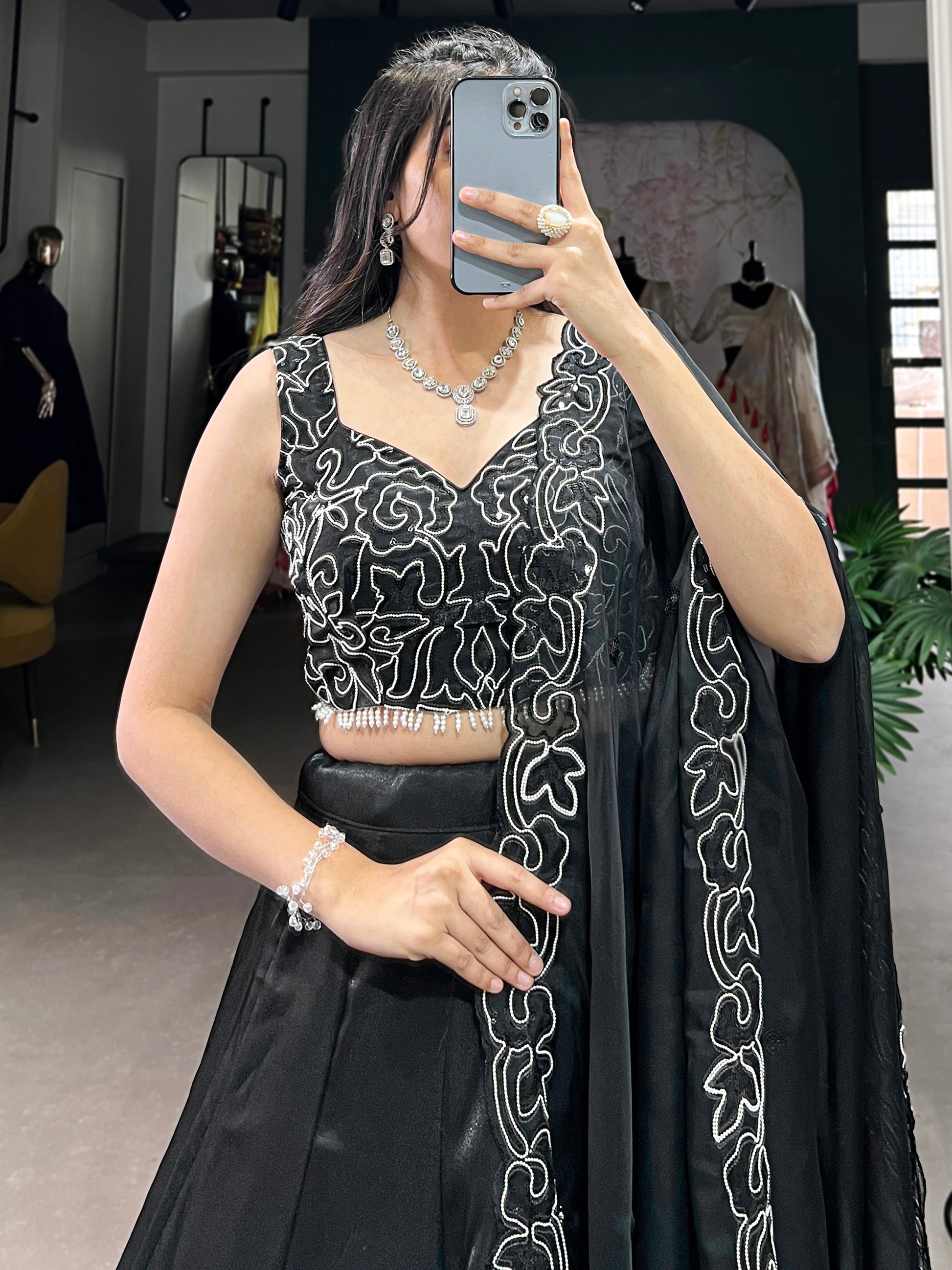 Gorgeous Black Sequins Satin Silk Party Wear Lehenga Choli With Dupatta