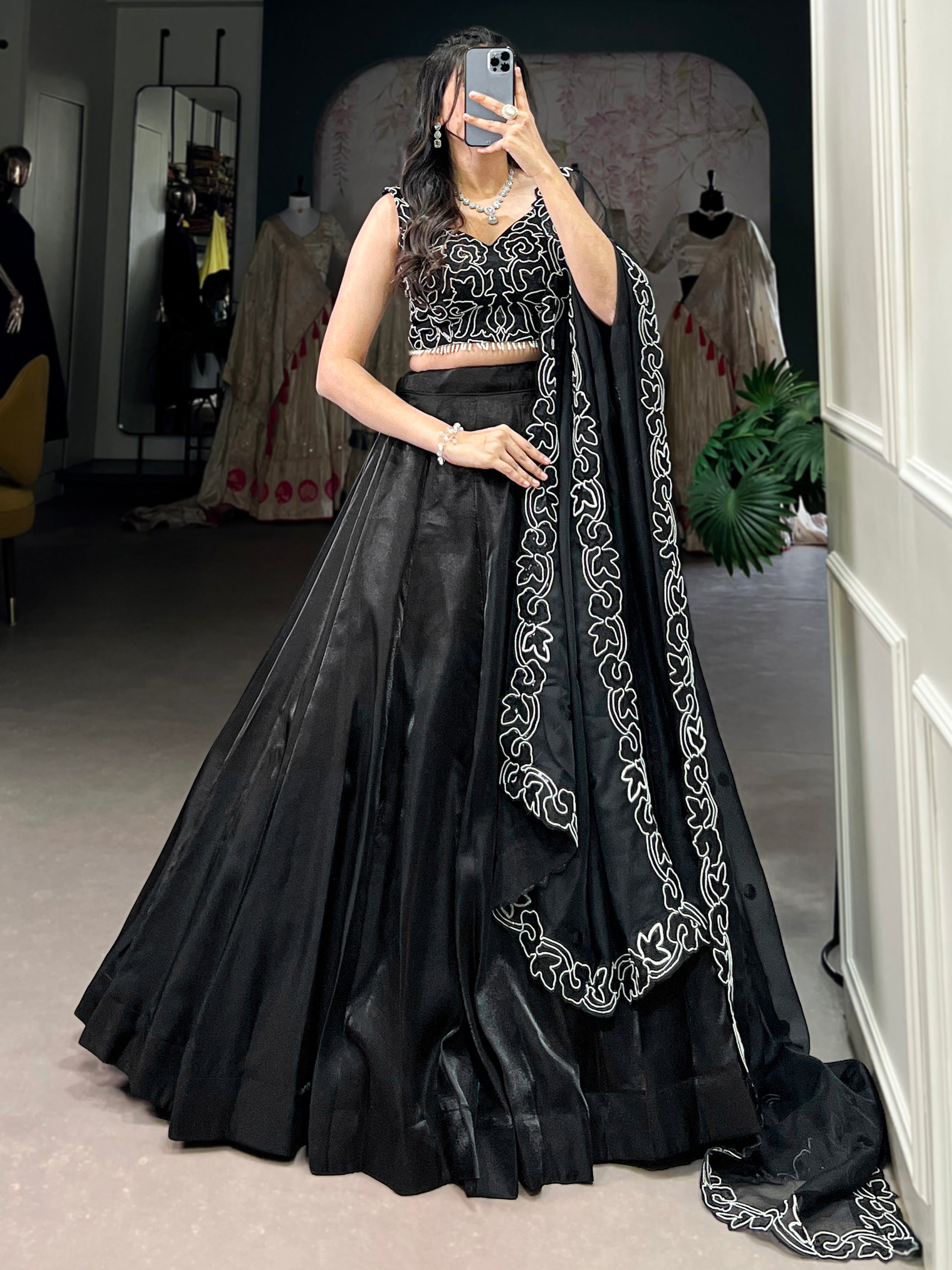Gorgeous Black Sequins Satin Silk Party Wear Lehenga Choli With Dupatta