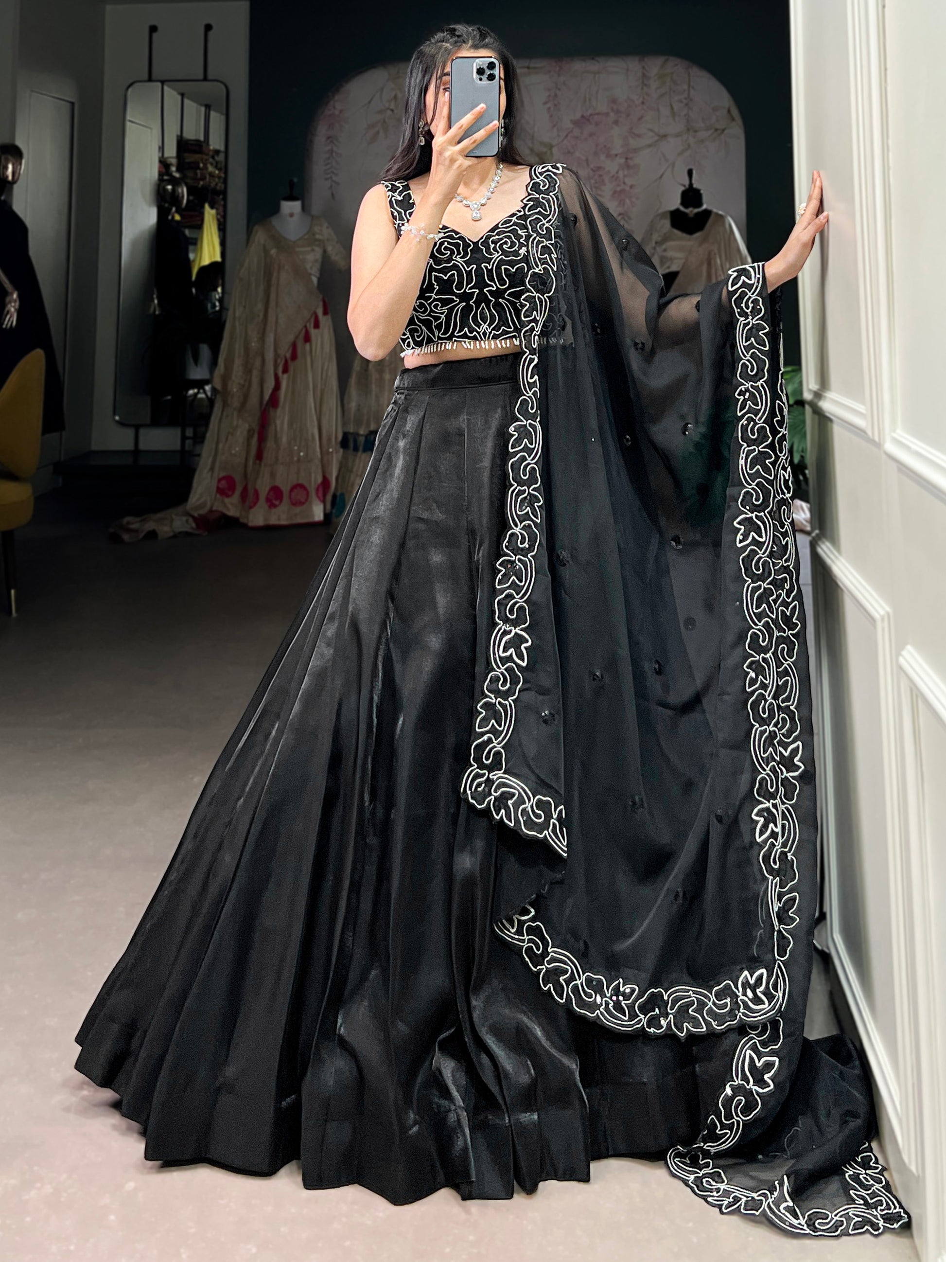 Gorgeous Black Sequins Satin Silk Party Wear Lehenga Choli With Dupatta
