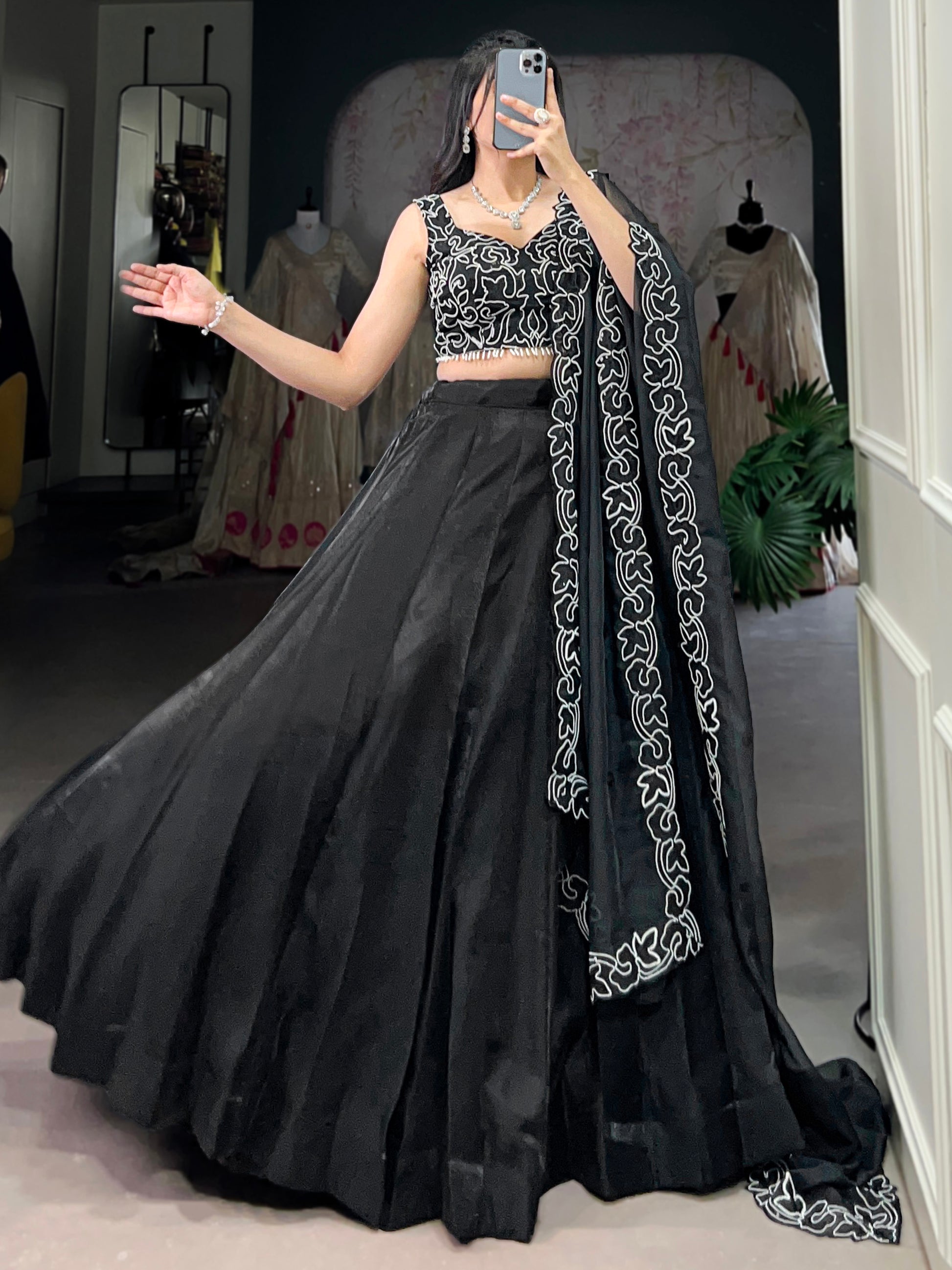 Gorgeous Black Sequins Satin Silk Party Wear Lehenga Choli With Dupatta