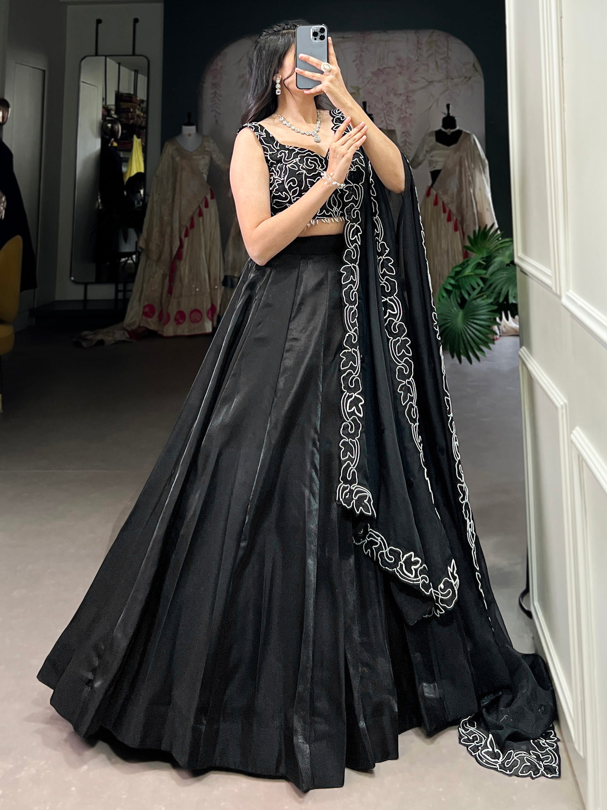 Gorgeous Black Sequins Satin Silk Party Wear Lehenga Choli With Dupatta