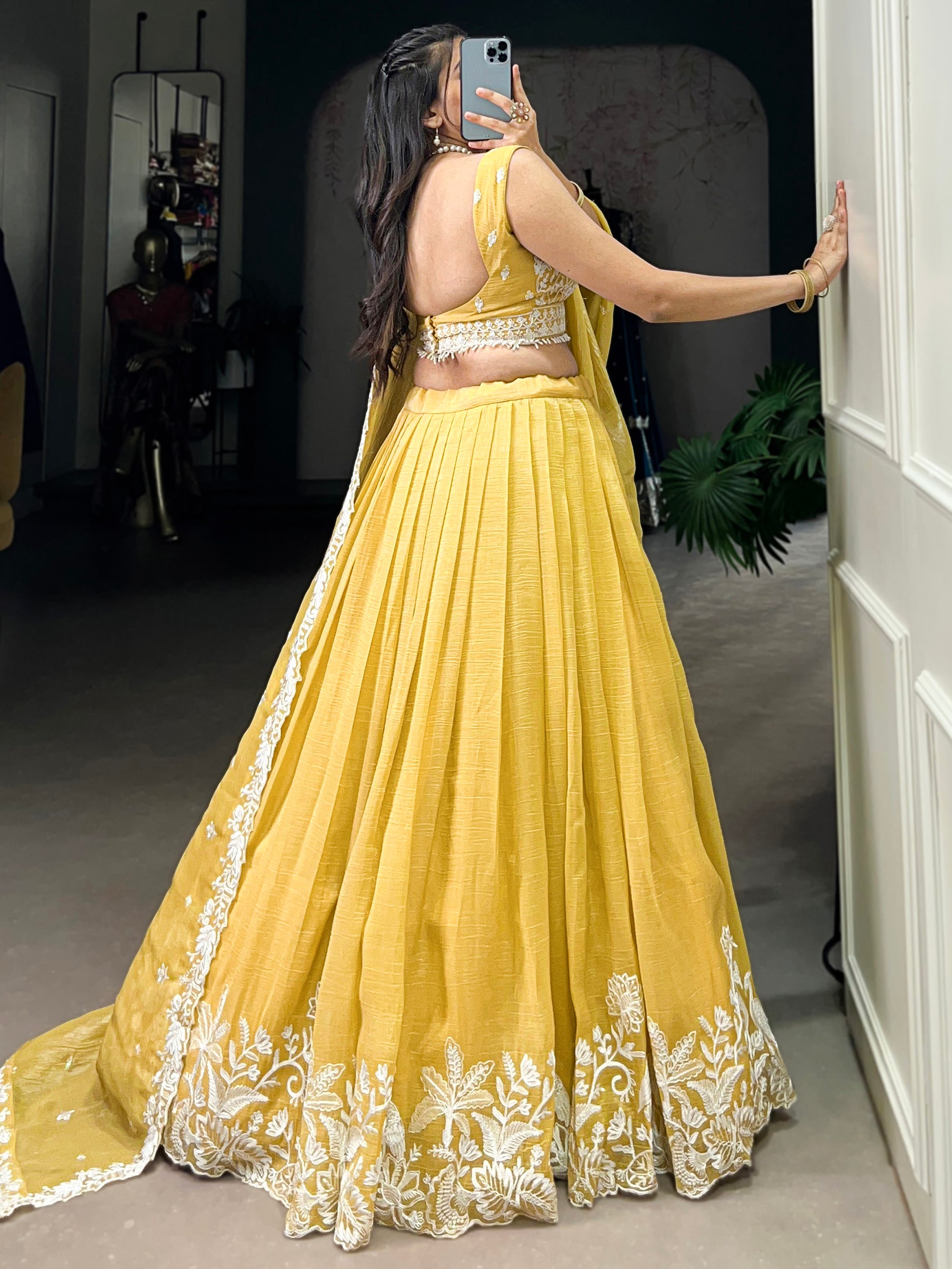 Gorgeous Yellow Thread Work Crush Silk Haldi Wear Lehenga Choli With Dupatta