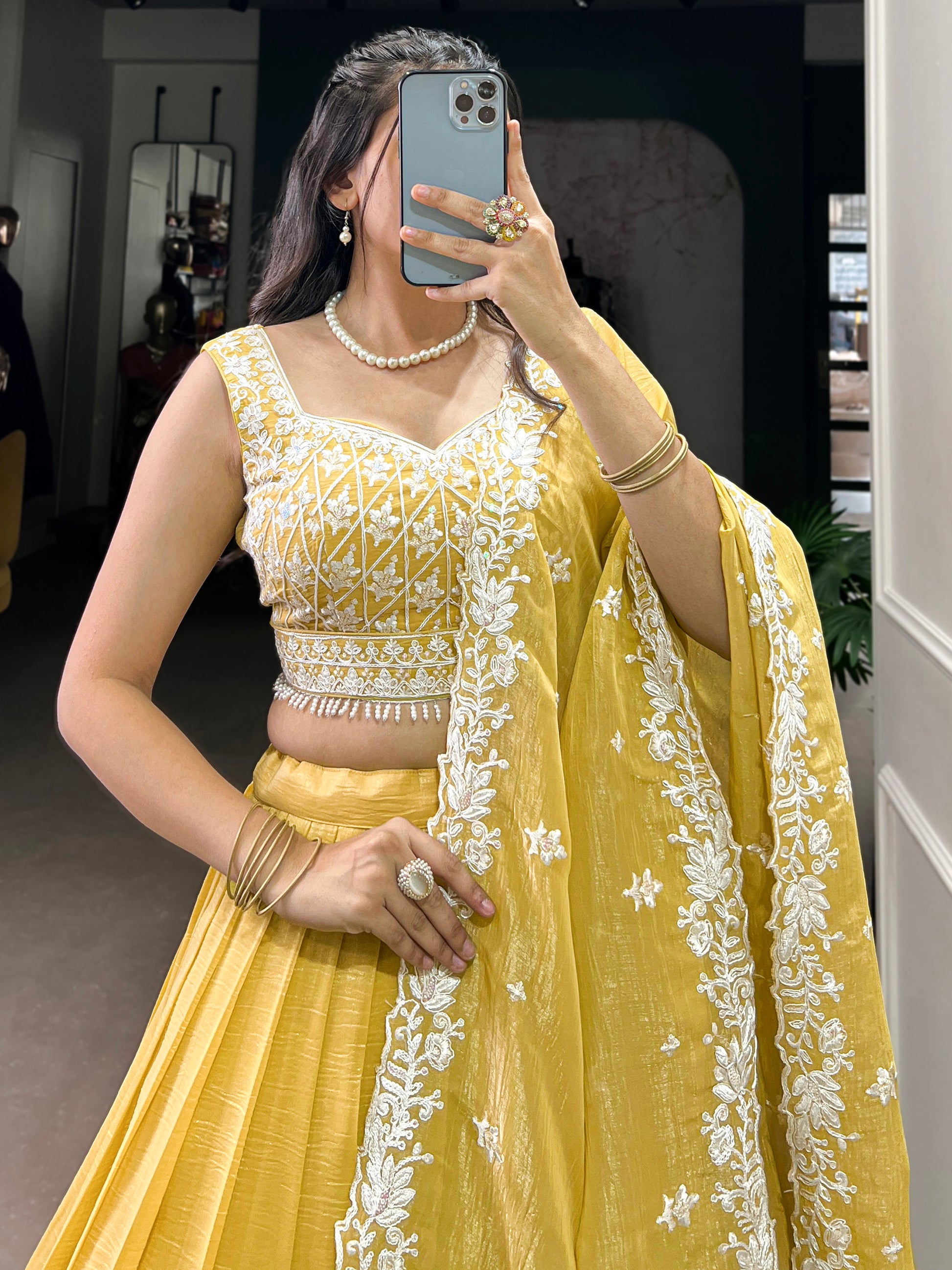 Gorgeous Yellow Thread Work Crush Silk Haldi Wear Lehenga Choli With Dupatta