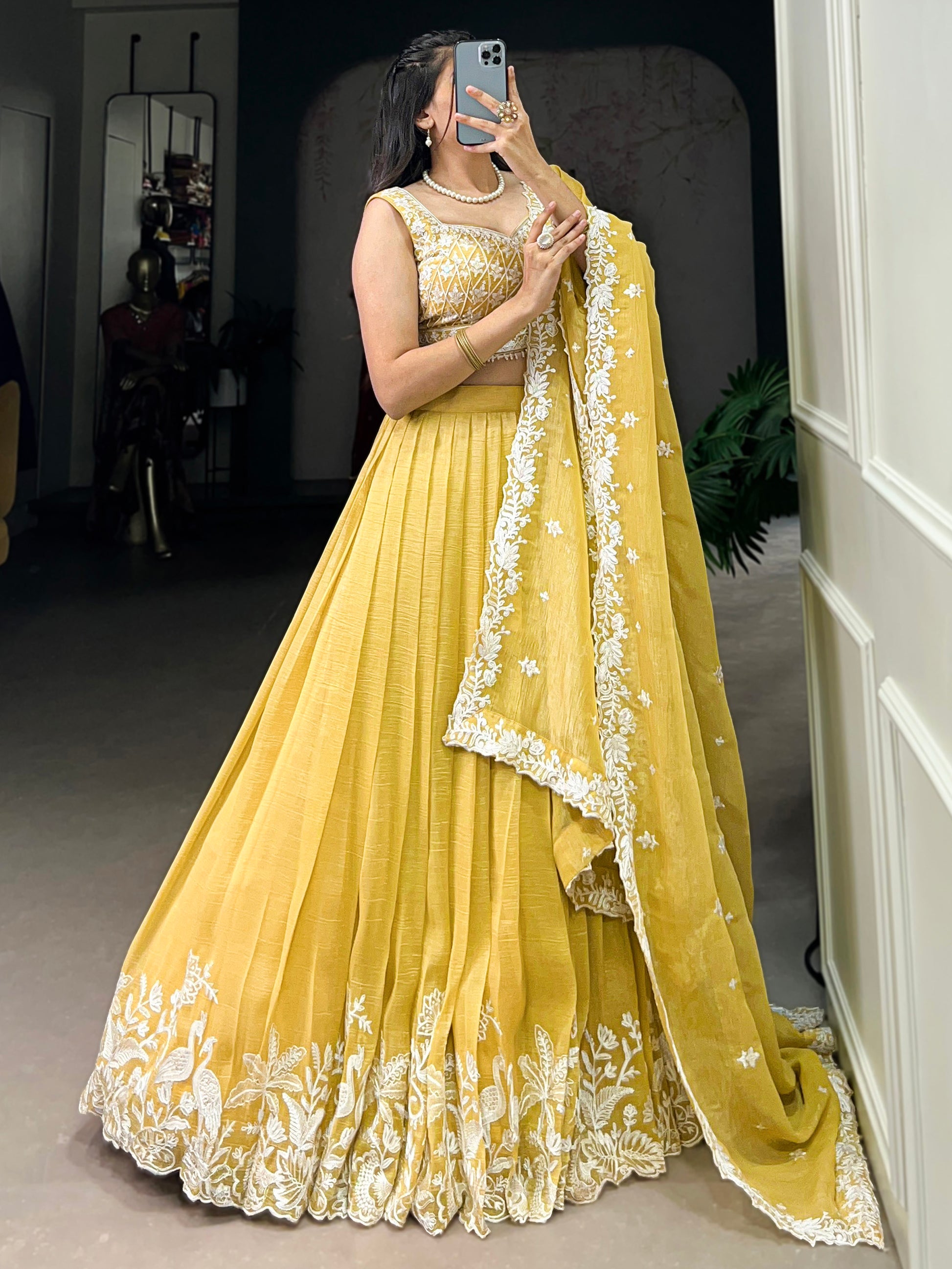 Gorgeous Yellow Thread Work Crush Silk Haldi Wear Lehenga Choli With Dupatta