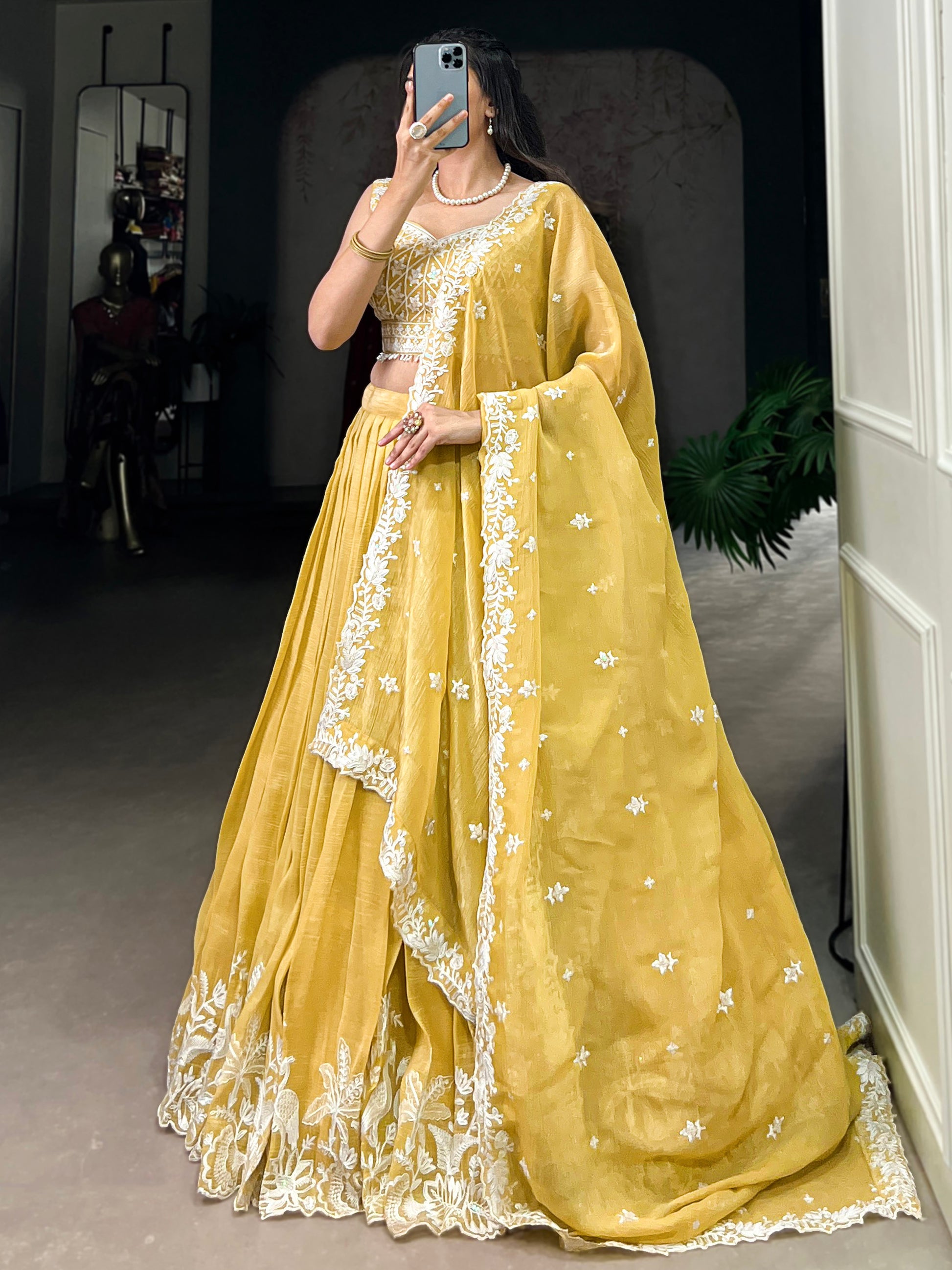 Gorgeous Yellow Thread Work Crush Silk Haldi Wear Lehenga Choli With Dupatta