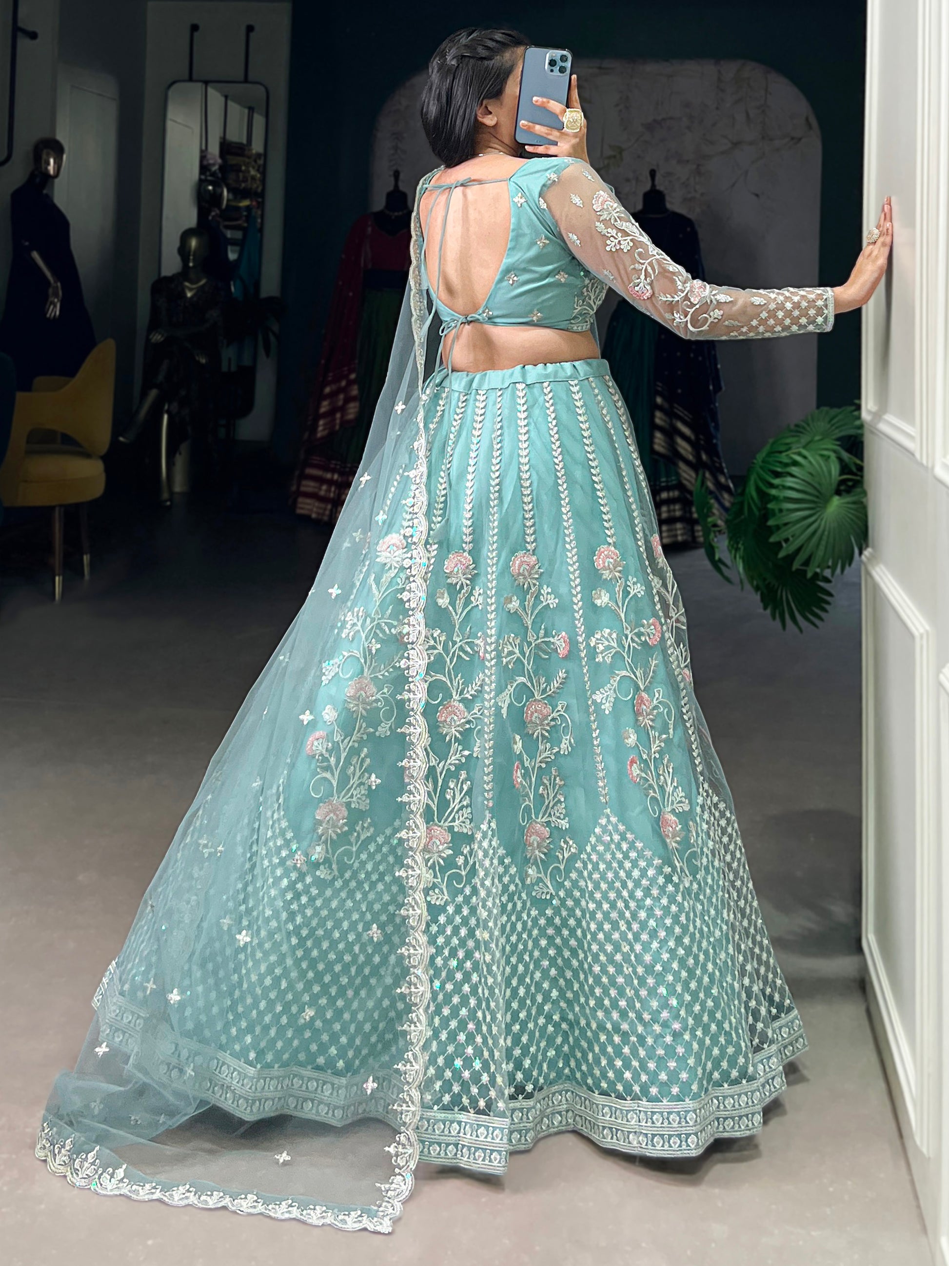 Sweet Sky Blue Thread Work Net Bridesmaid Lehenga Choli With Dupatta