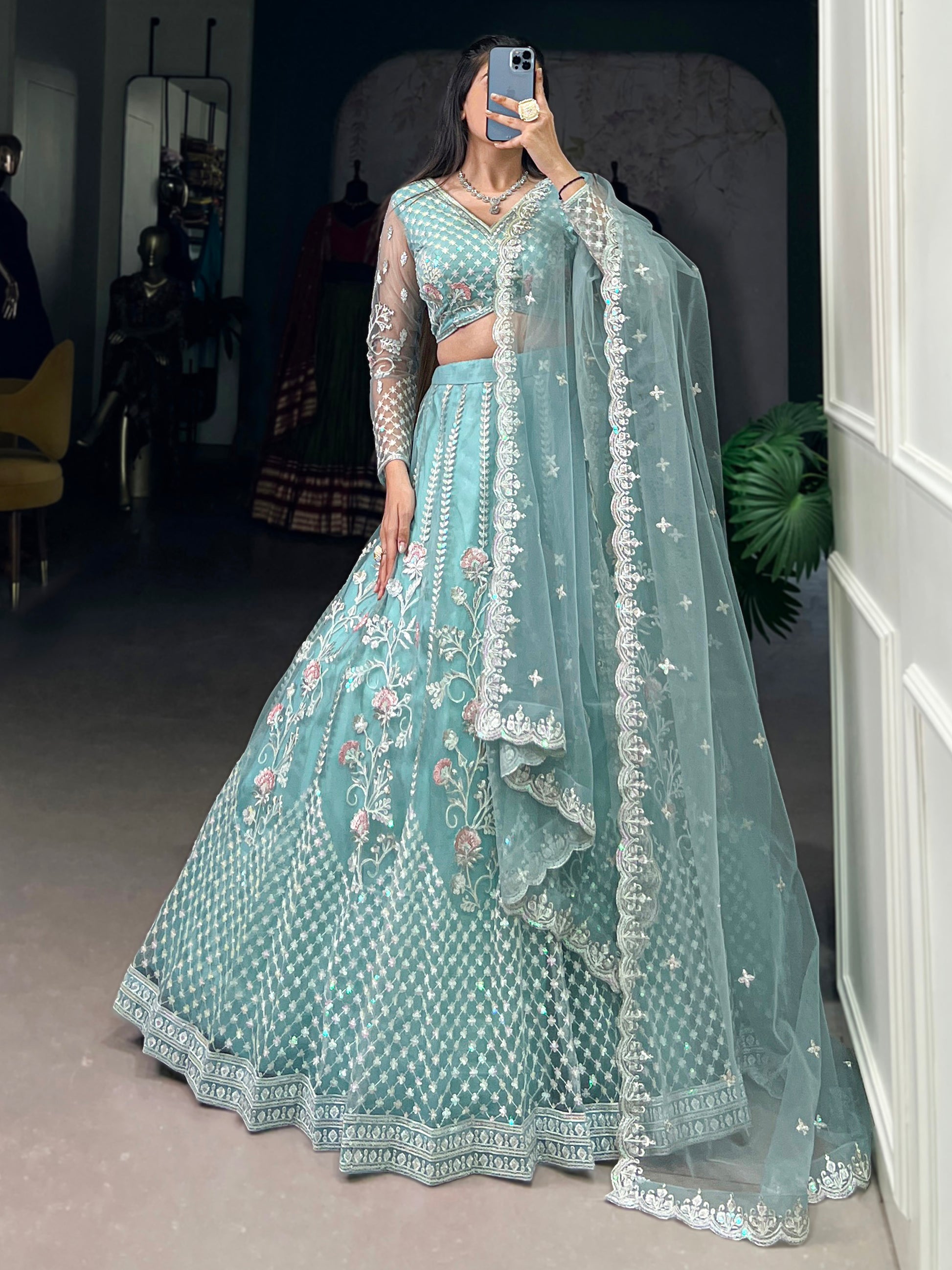 Sweet Sky Blue Thread Work Net Bridesmaid Lehenga Choli With Dupatta
