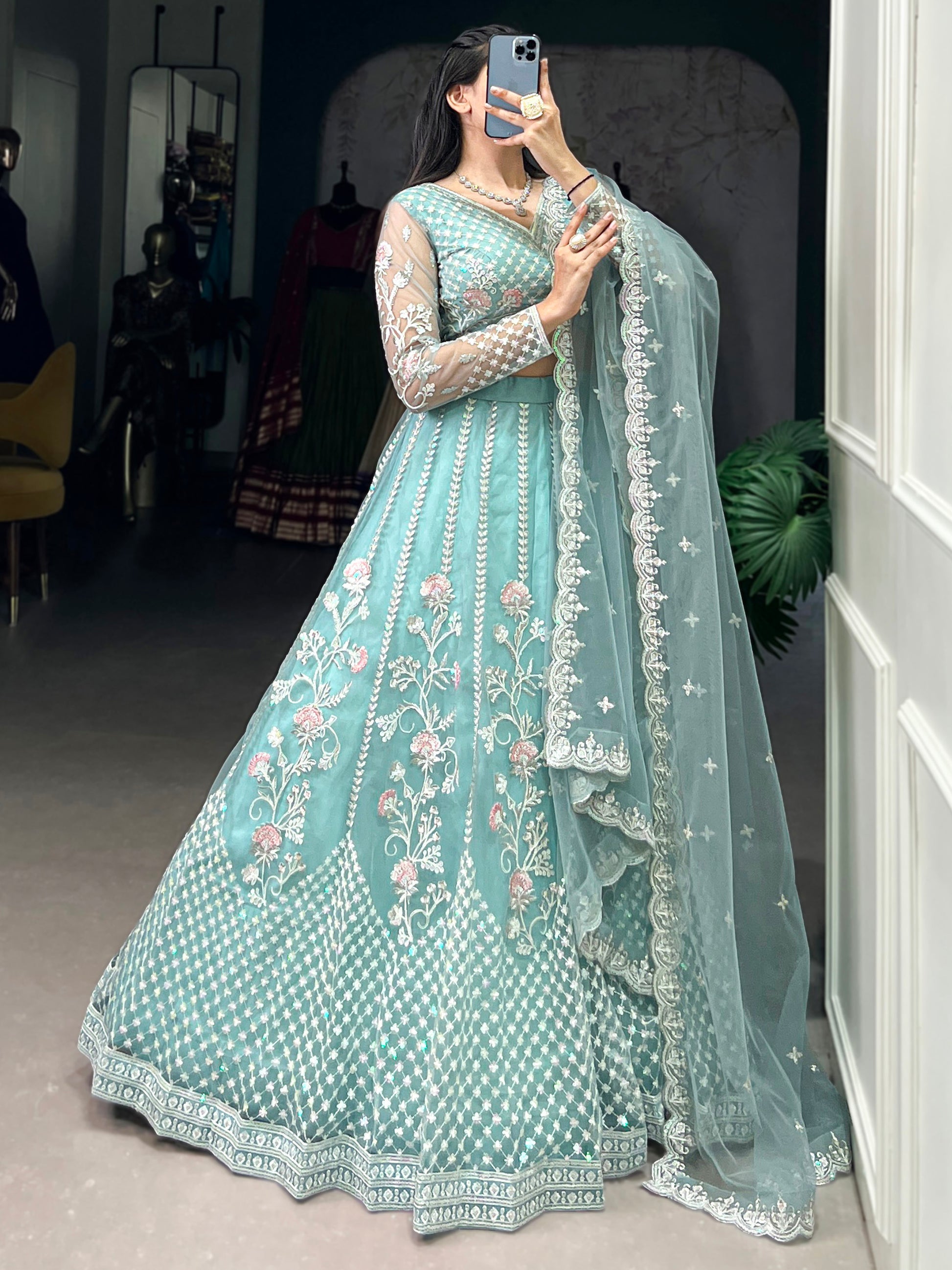 Sweet Sky Blue Thread Work Net Bridesmaid Lehenga Choli With Dupatta