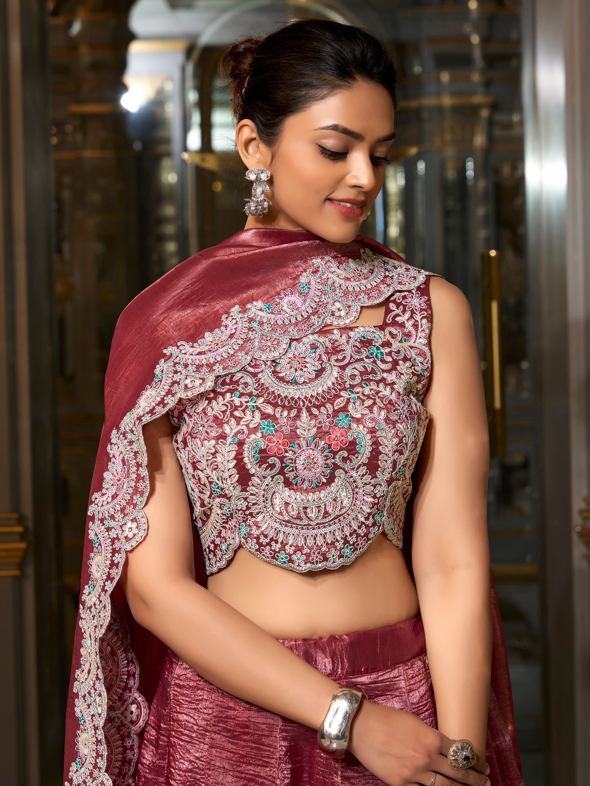 Alluring Burgundy Sequins Work Organza Crush Lehenga Choli With Dupatta