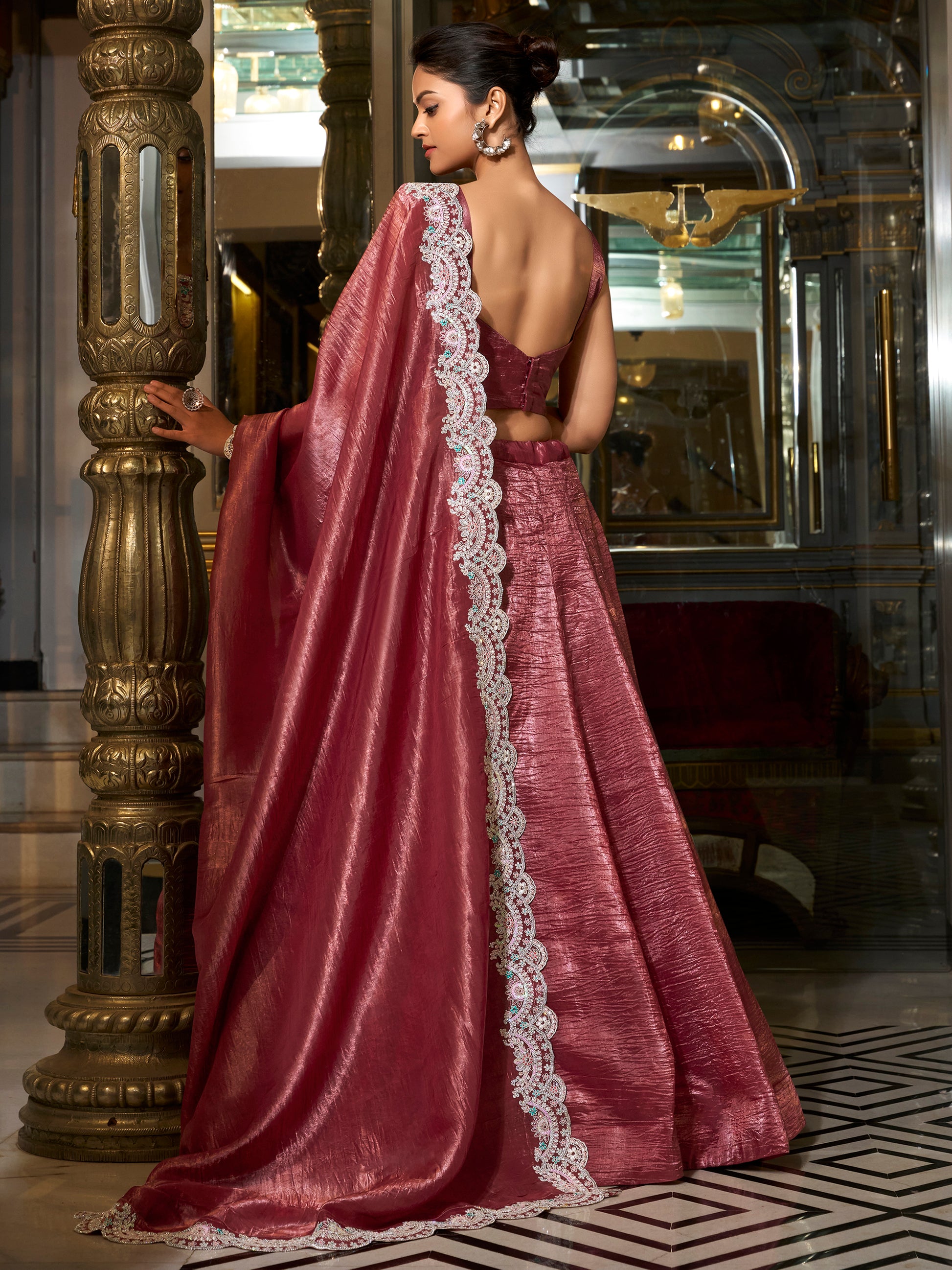 Alluring Burgundy Sequins Work Organza Crush Lehenga Choli With Dupatta
