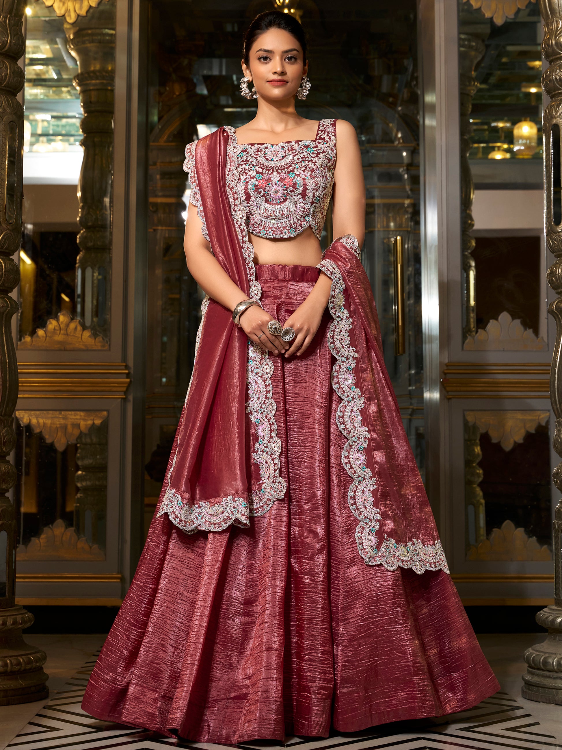 Alluring Burgundy Sequins Work Organza Crush Lehenga Choli With Dupatta