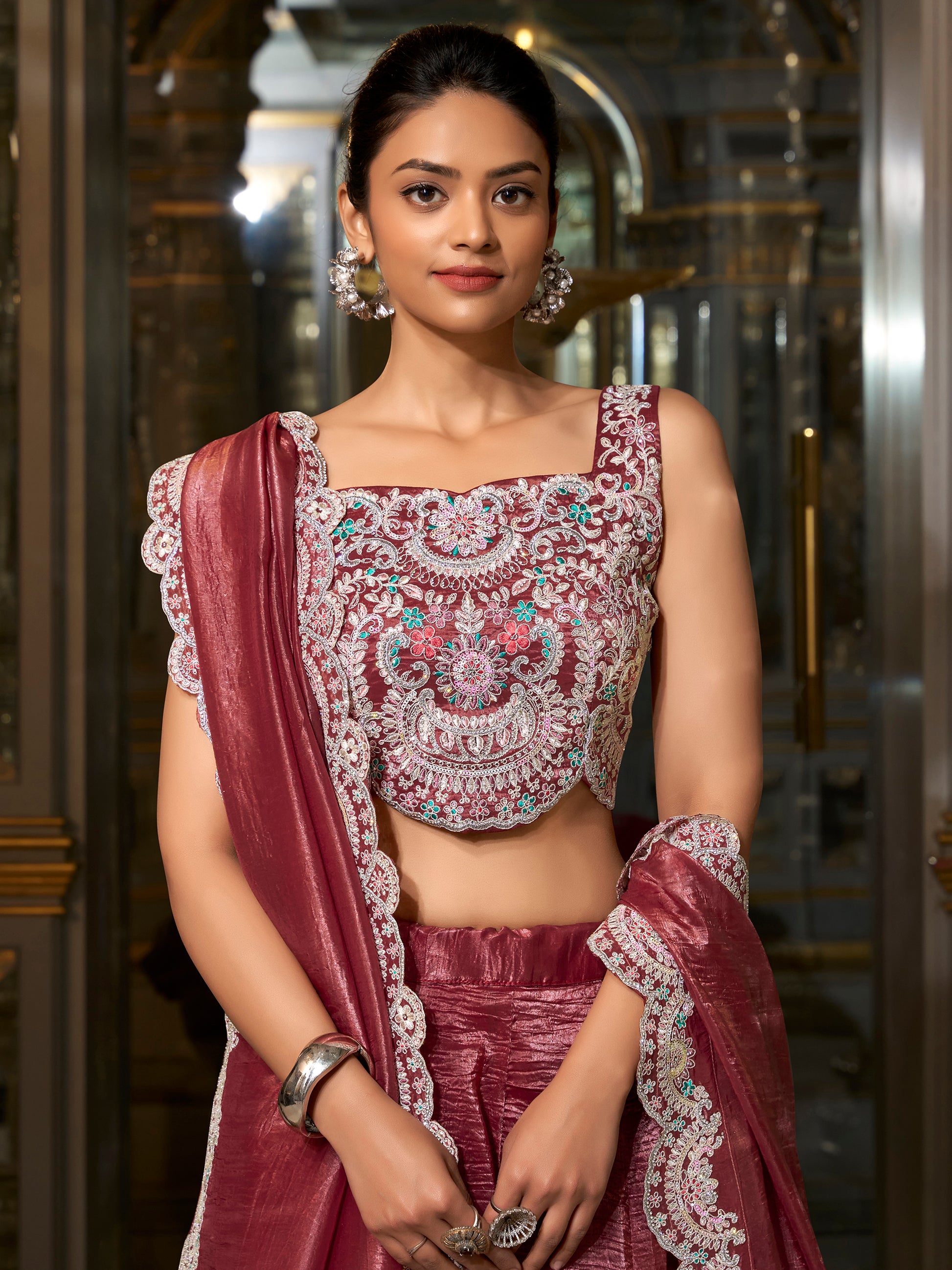 Alluring Burgundy Sequins Work Organza Crush Lehenga Choli With Dupatta