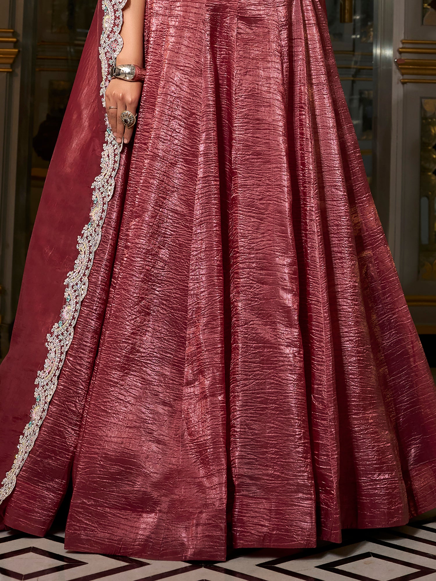 Alluring Burgundy Sequins Work Organza Crush Lehenga Choli With Dupatta