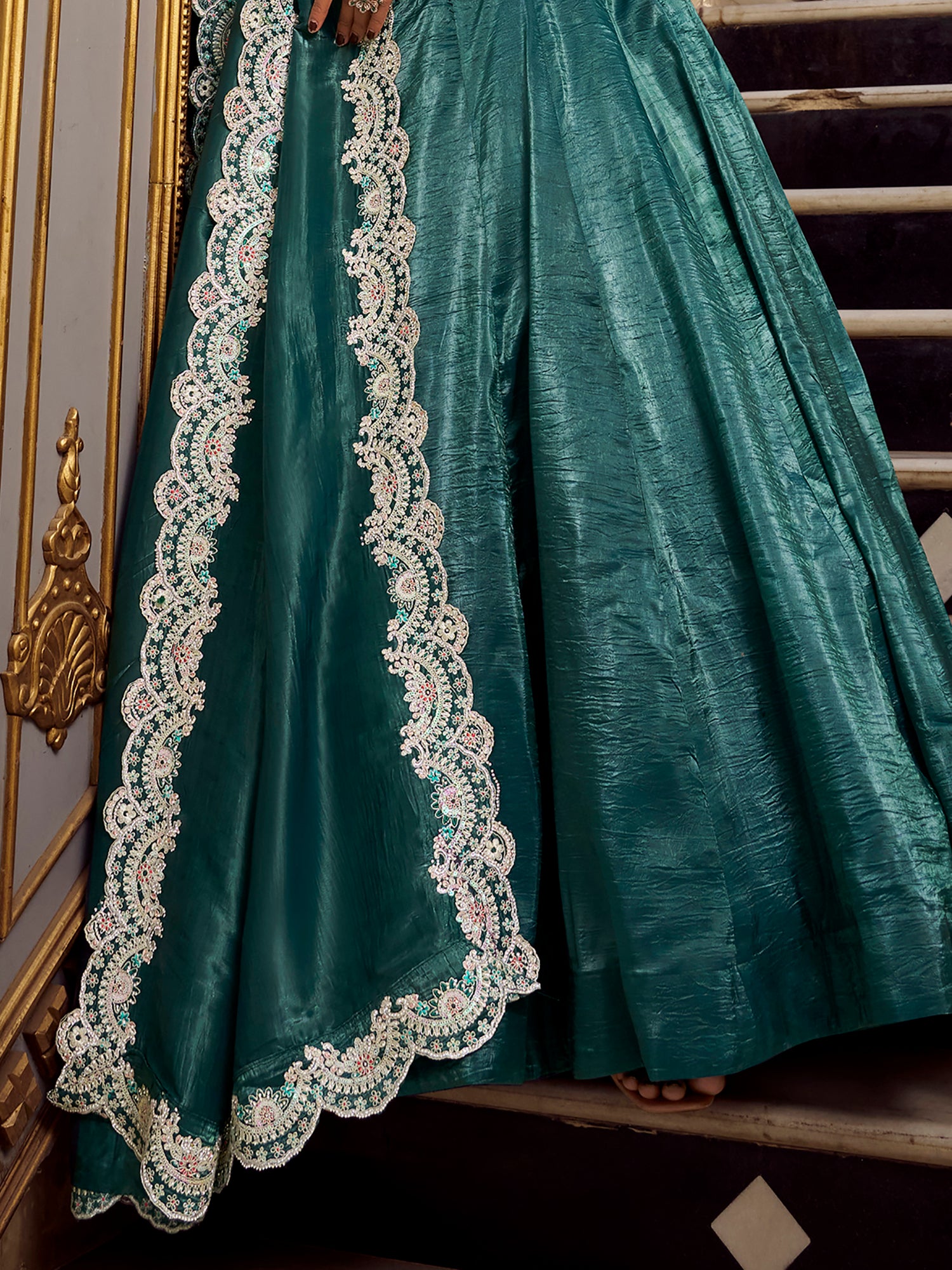 Beautiful Teal Blue Thread Work Organza Crush Pattern Wedding Lehenga Choli