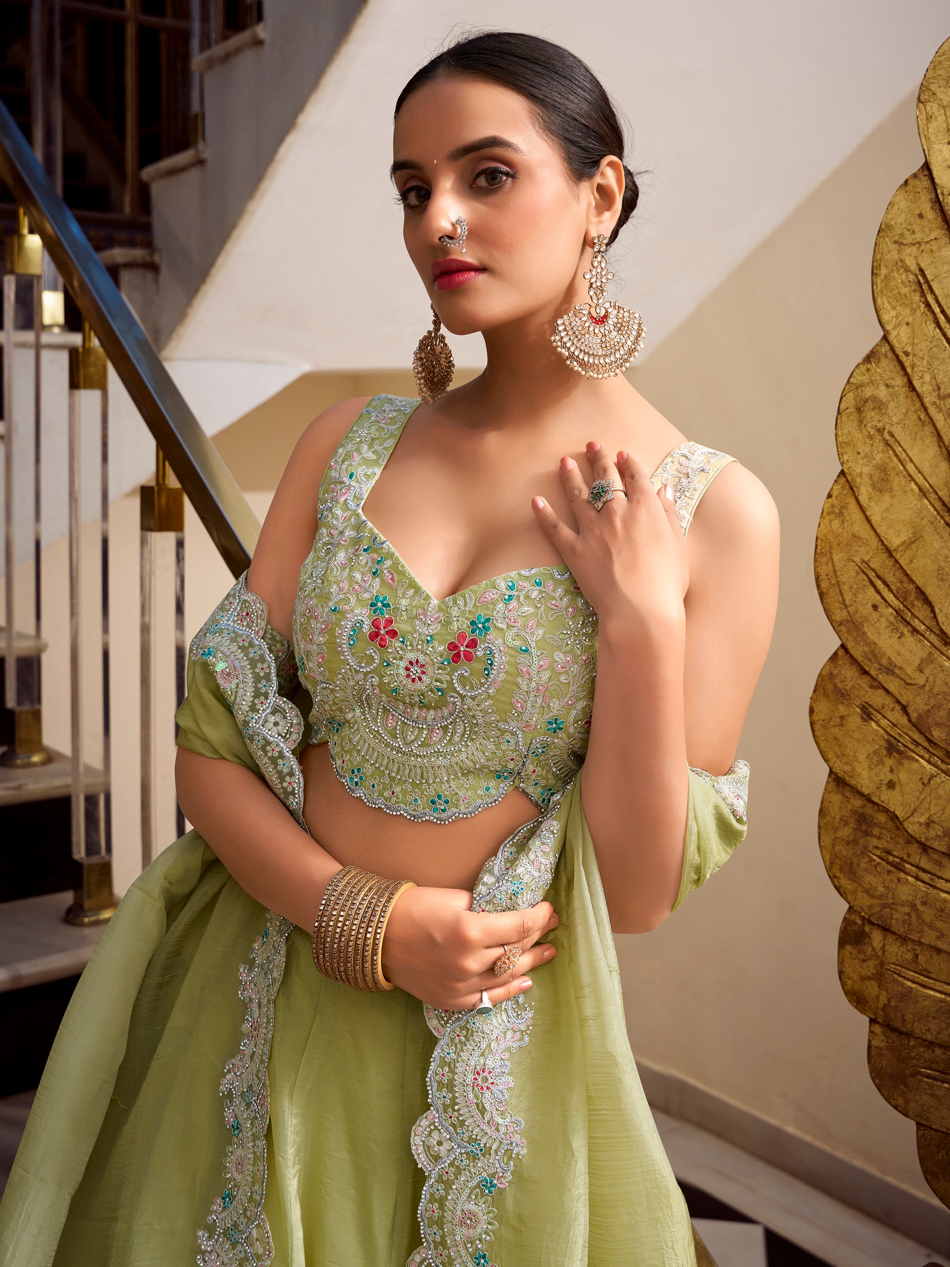 Incredible Pista Green Sequins Work Organza Party Wear Lehenga Choli
