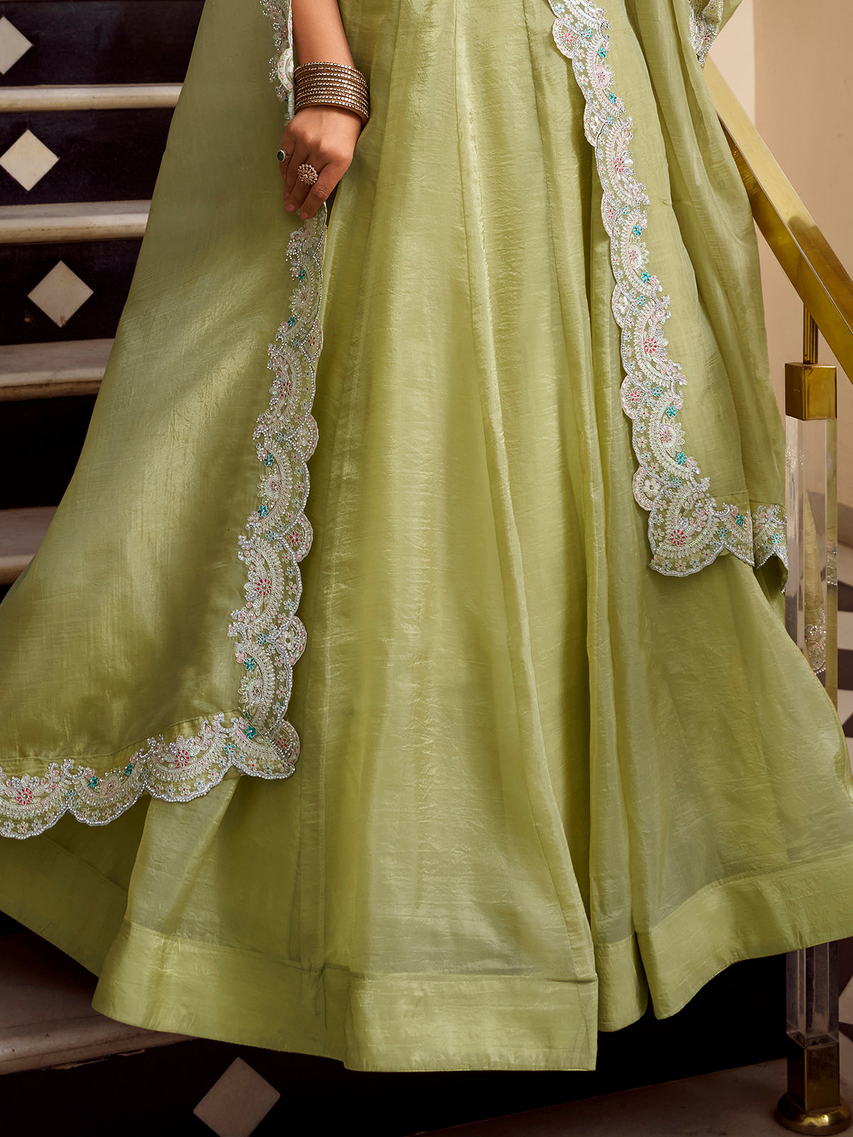 Incredible Pista Green Sequins Work Organza Party Wear Lehenga Choli