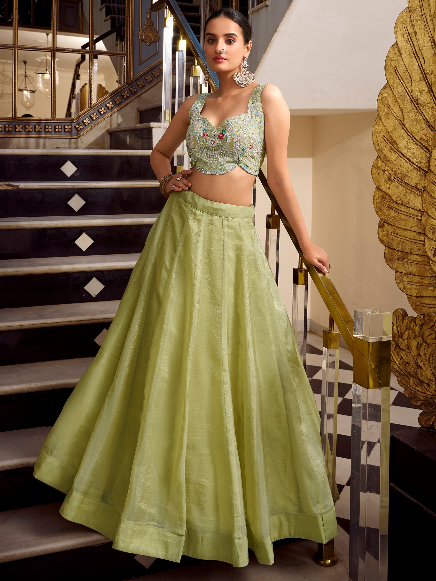 Incredible Pista Green Sequins Work Organza Party Wear Lehenga Choli