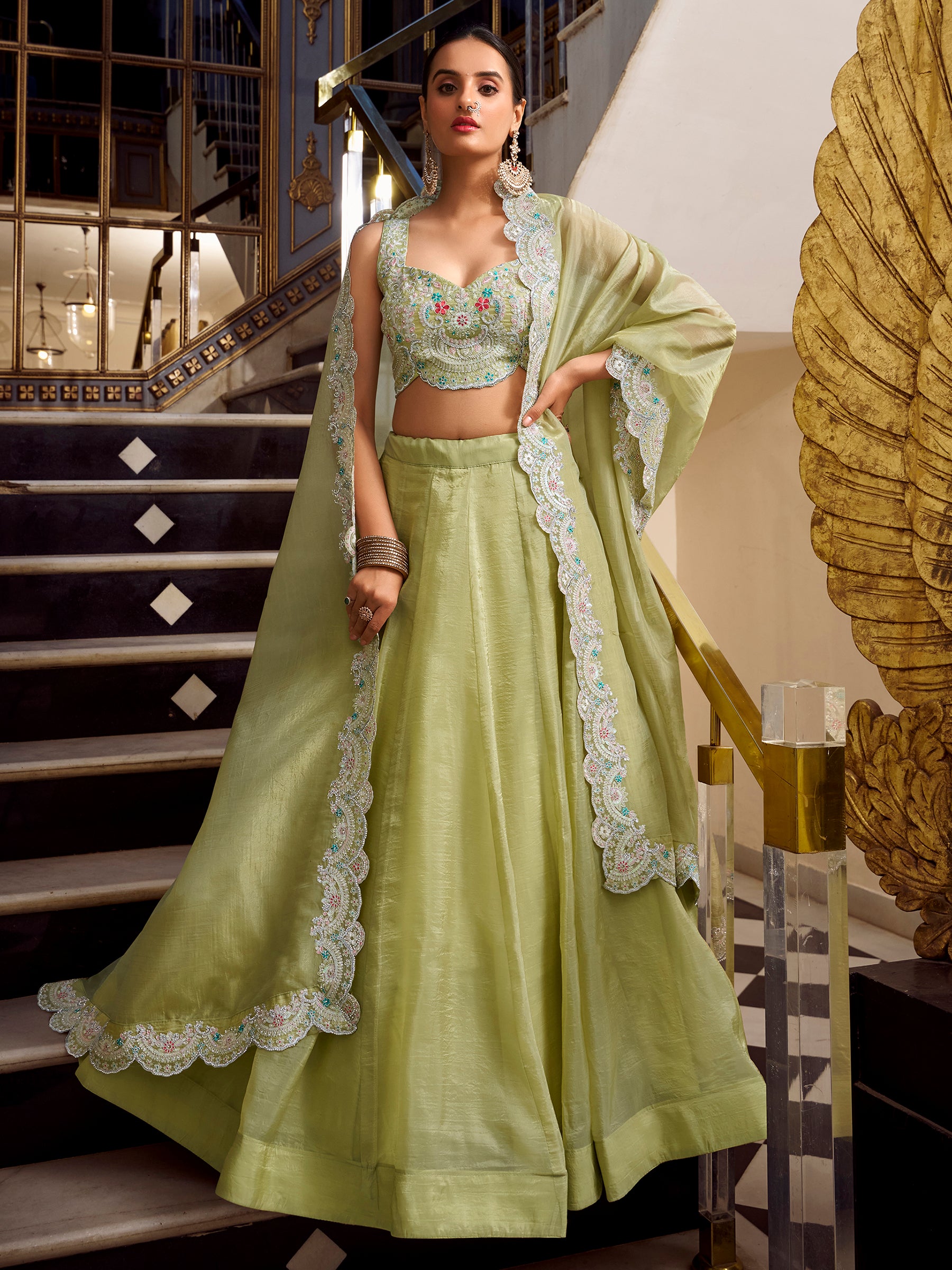 Incredible Pista Green Sequins Work Organza Party Wear Lehenga Choli