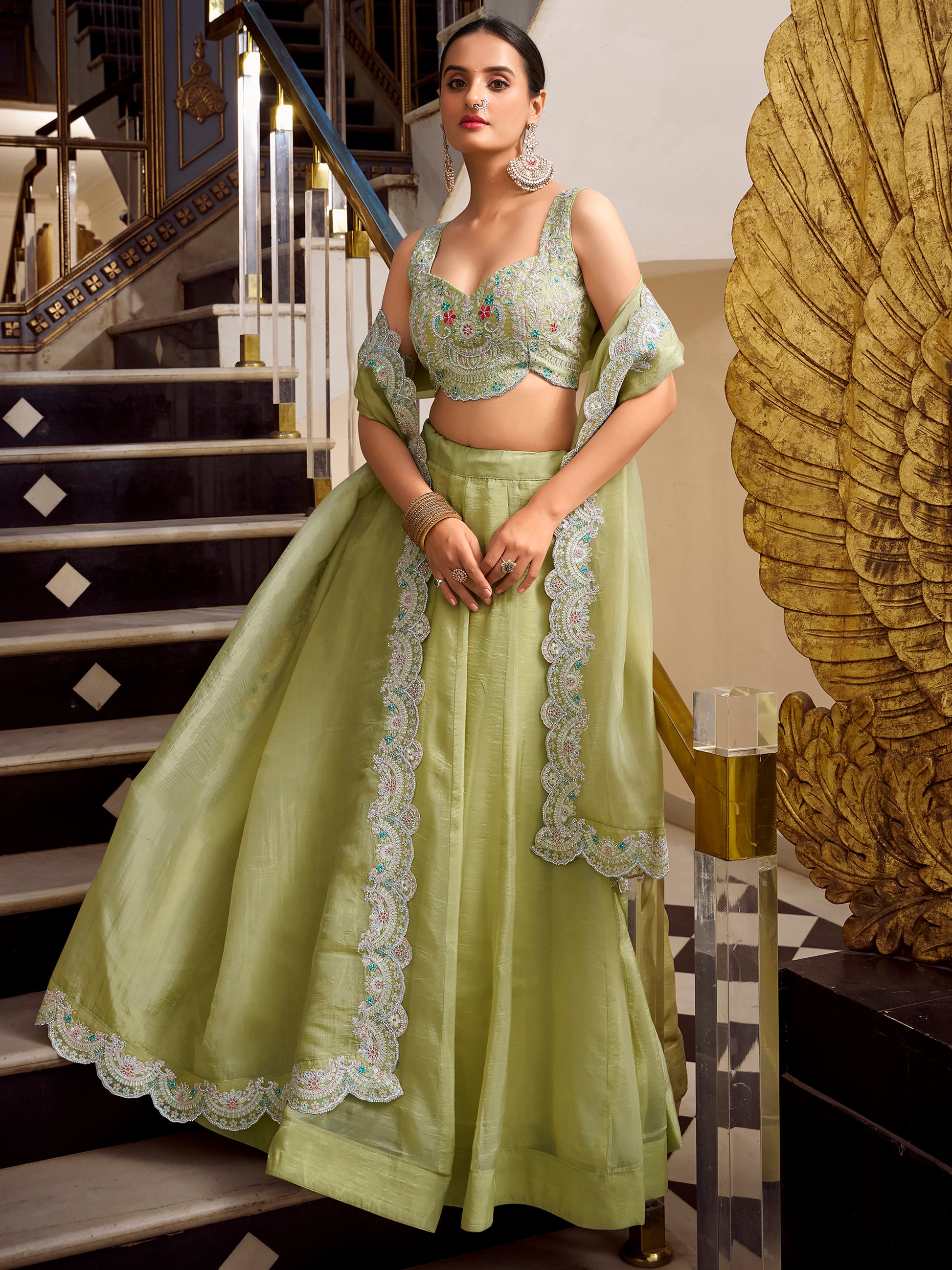 Incredible Pista Green Sequins Work Organza Party Wear Lehenga Choli