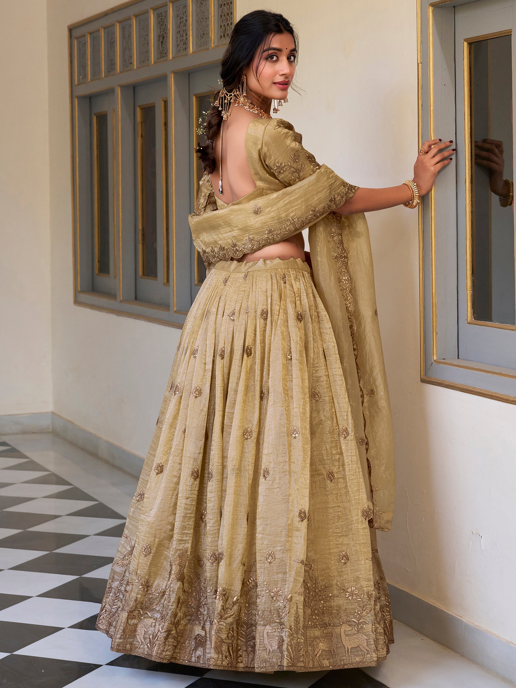 Awesome Cream Thread Work Crush Silk Festive Wear Lehenga Choli