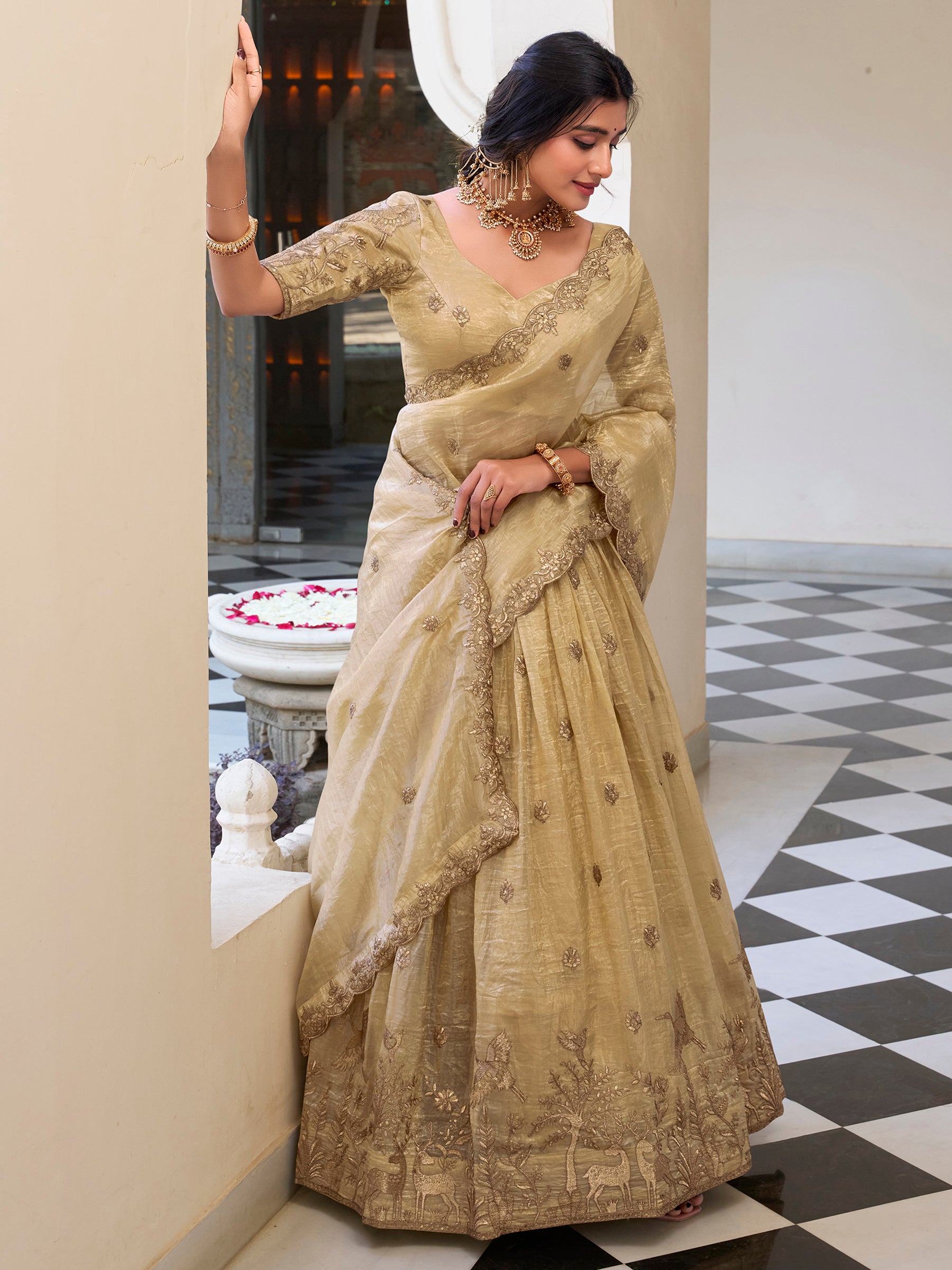 Awesome Cream Thread Work Crush Silk Festive Wear Lehenga Choli