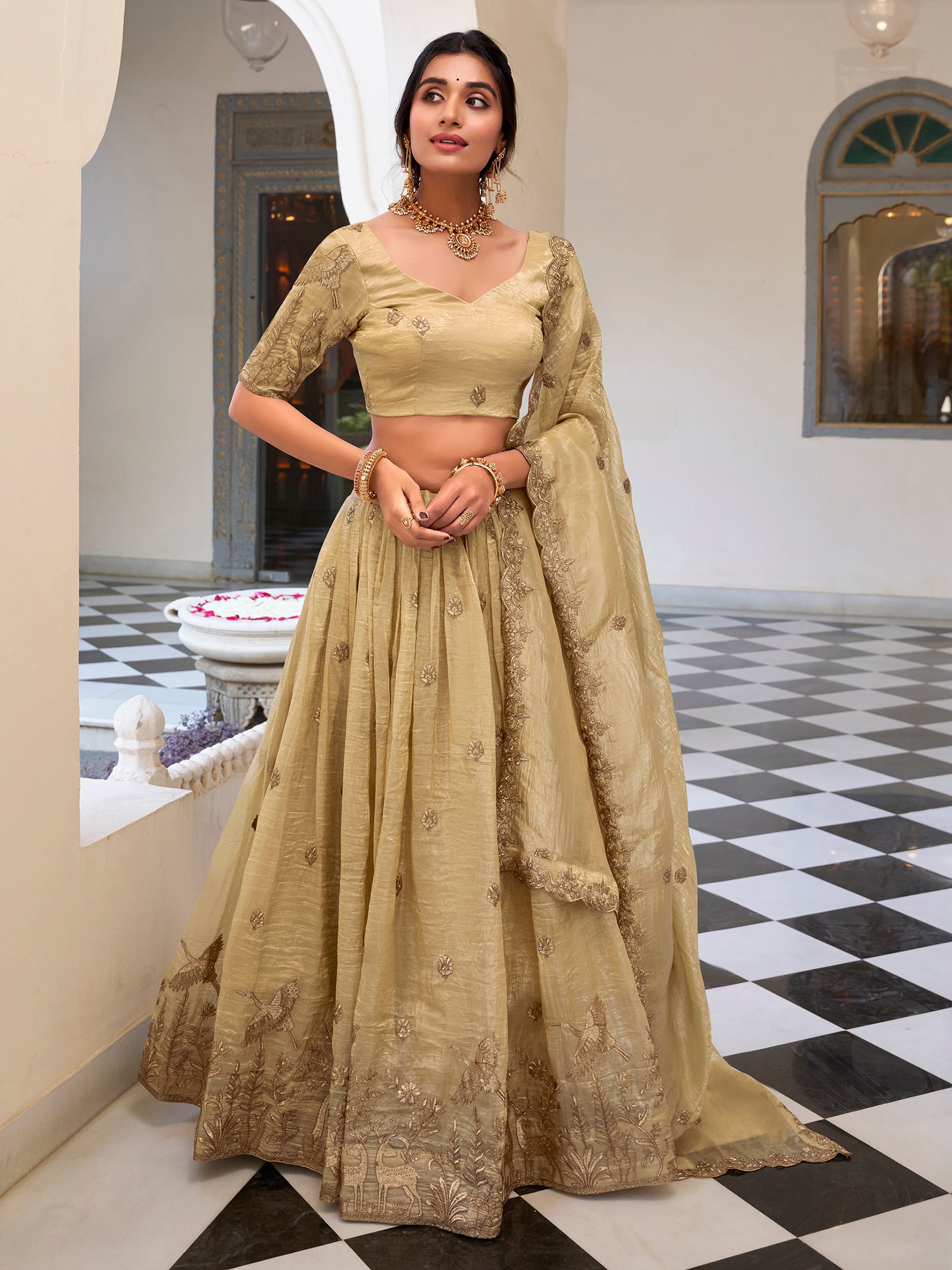 Awesome Cream Thread Work Crush Silk Festive Wear Lehenga Choli